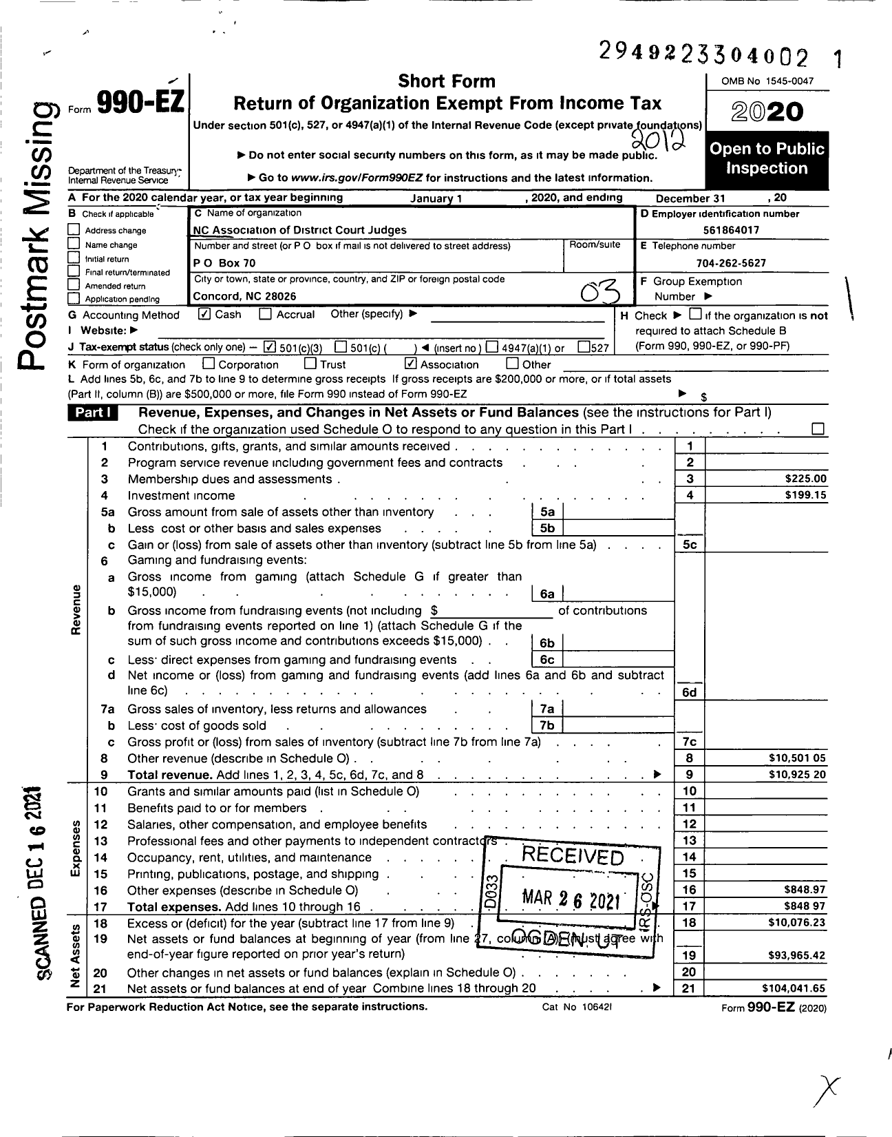 Image of first page of 2020 Form 990EZ for NC Association of District Court Judges