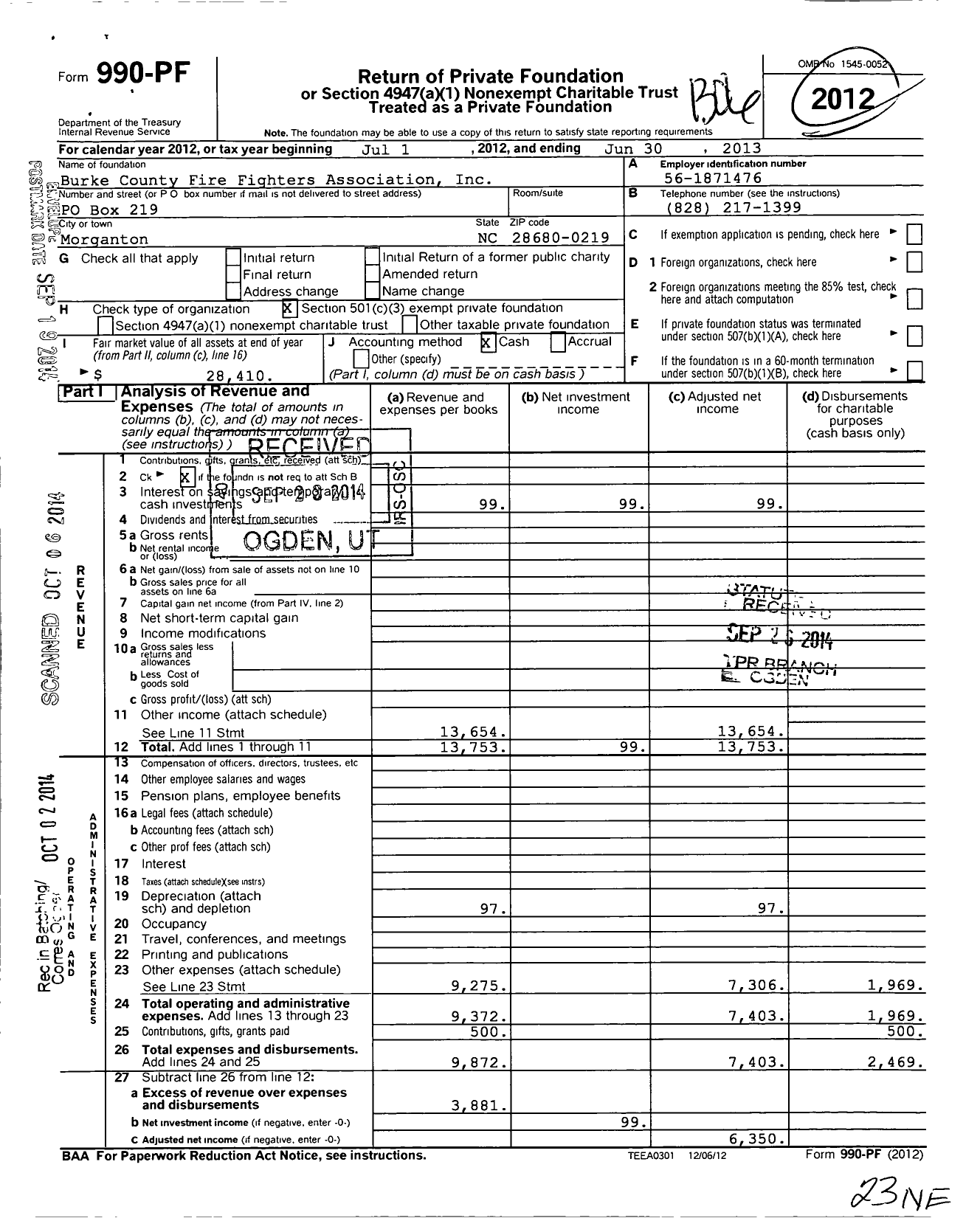 Image of first page of 2012 Form 990PF for Burke County Firefighters Association