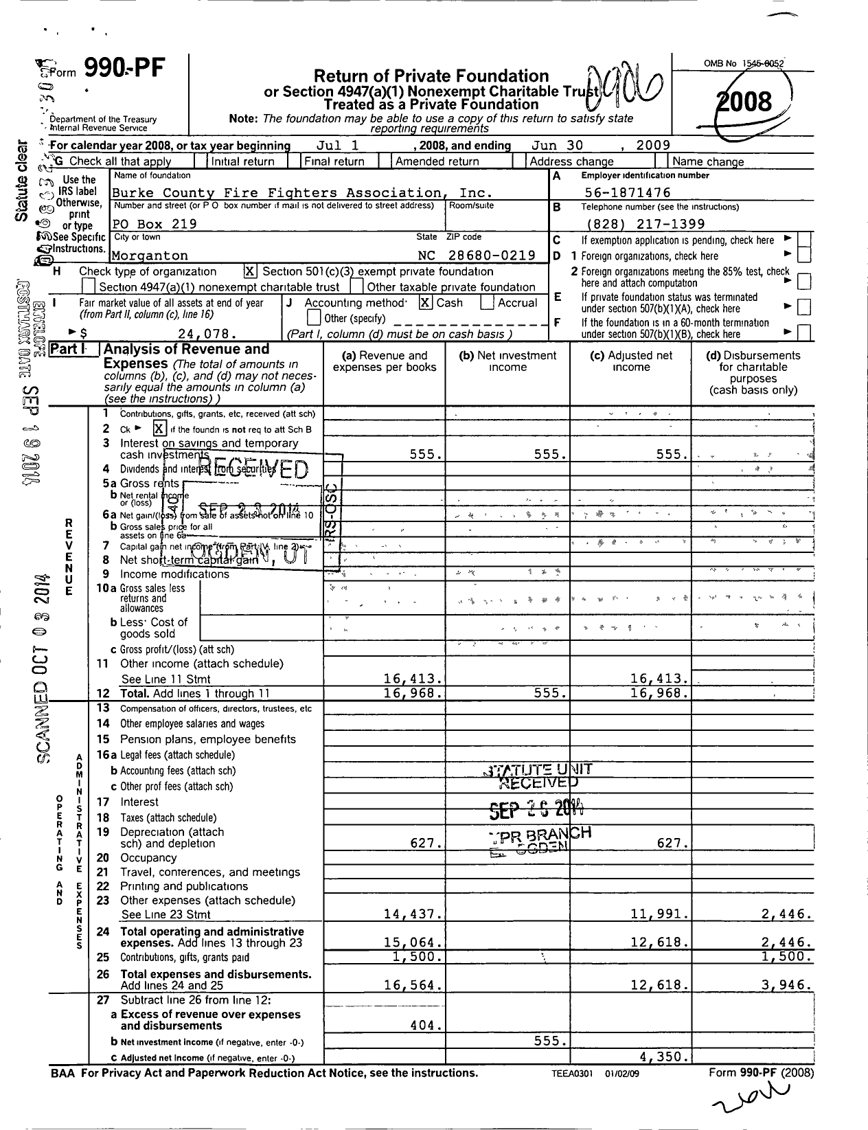 Image of first page of 2008 Form 990PF for Burke County Firefighters Association