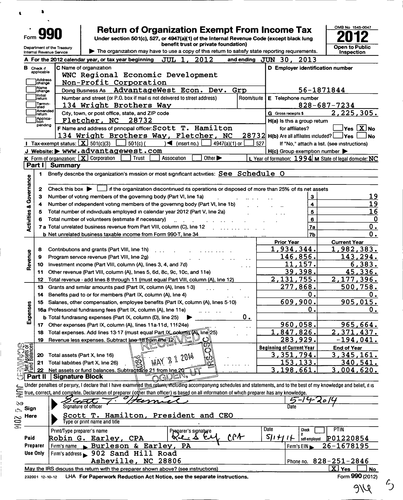 Image of first page of 2012 Form 990 for WNC Regional Economic Development Non Profit Corporation