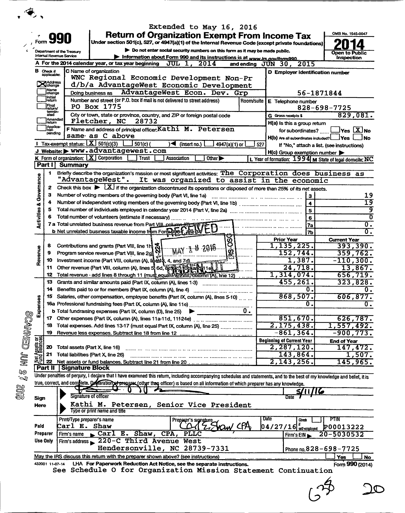 Image of first page of 2014 Form 990 for WNC Regional Economic Development Non Profit Corporation