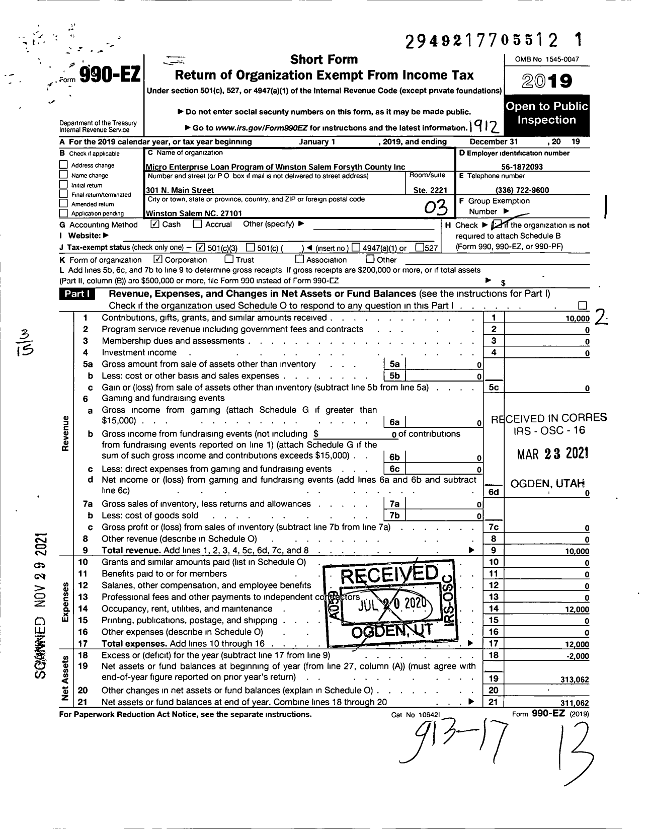 Image of first page of 2019 Form 990EZ for Micro Enterprise Loan Program of Winston-Salem Forsyth County