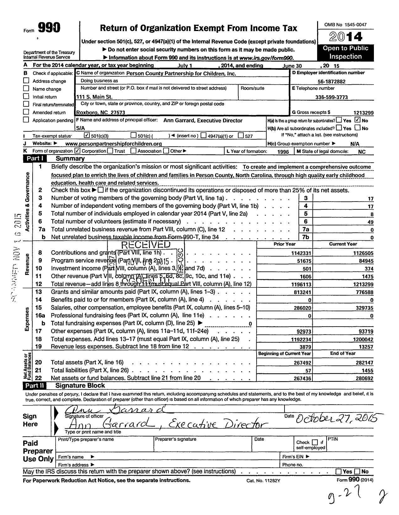 Image of first page of 2014 Form 990 for Person County Partnership for Children (PCPFC)