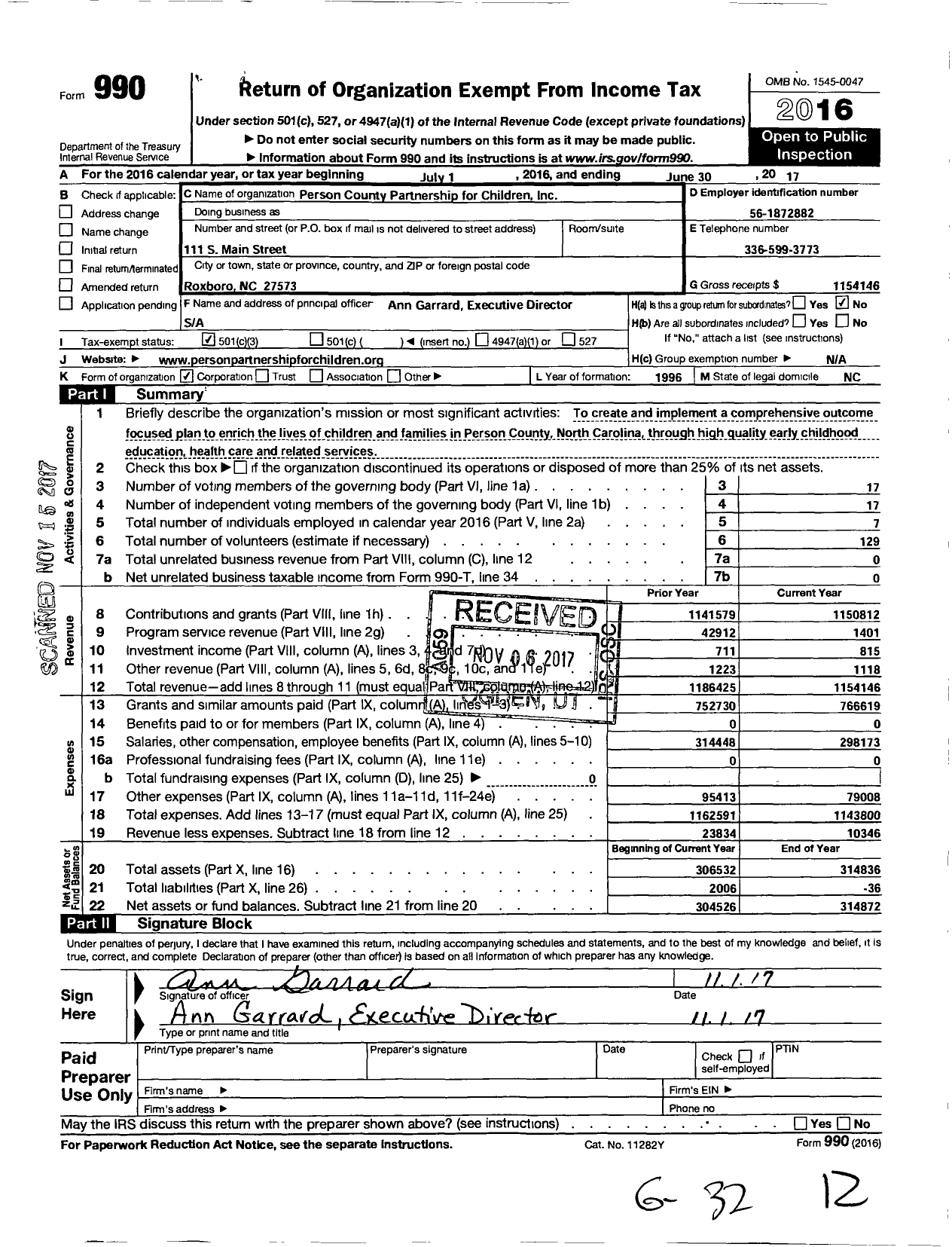 Image of first page of 2016 Form 990 for Person County Partnership for Children (PCPFC)