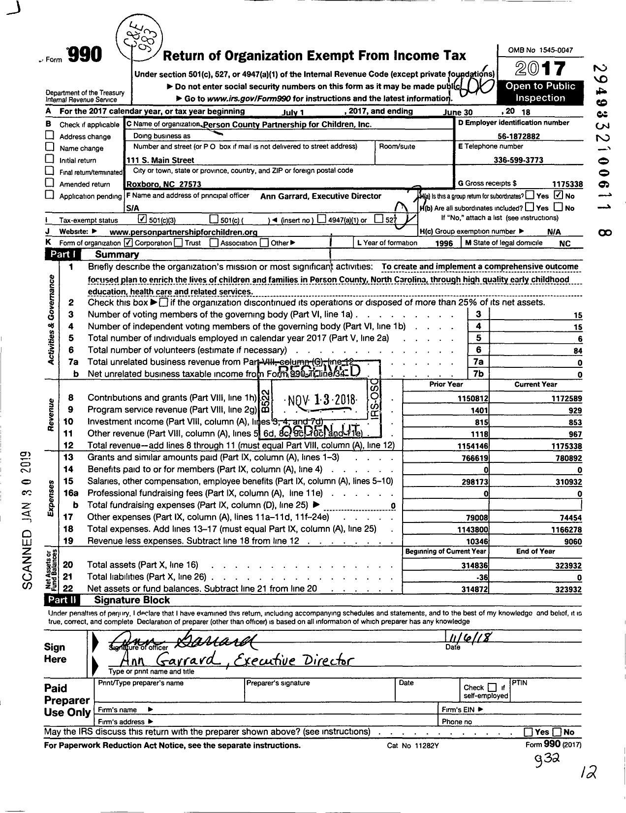 Image of first page of 2017 Form 990 for Person County Partnership for Children (PCPFC)