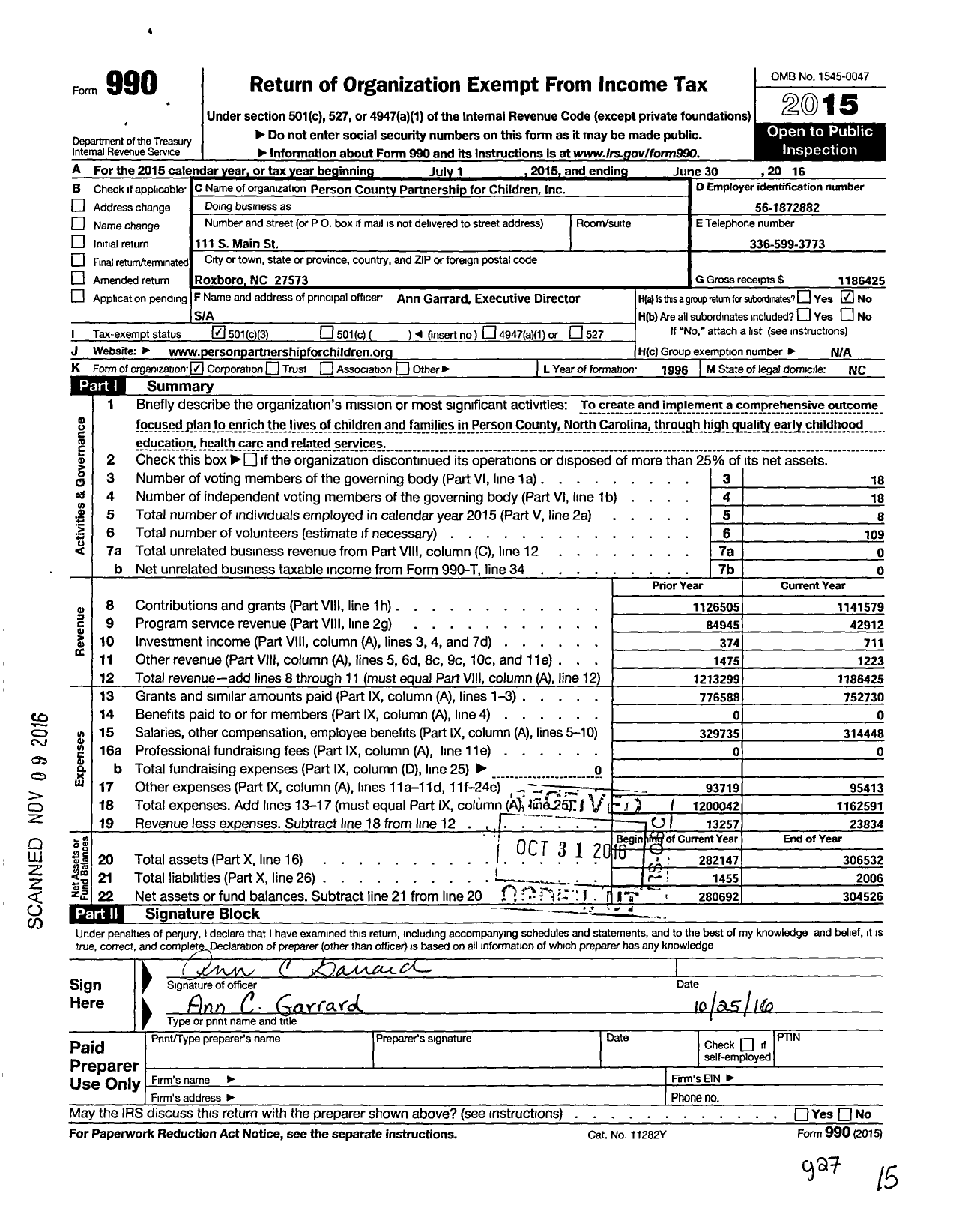 Image of first page of 2015 Form 990 for Person County Partnership for Children (PCPFC)