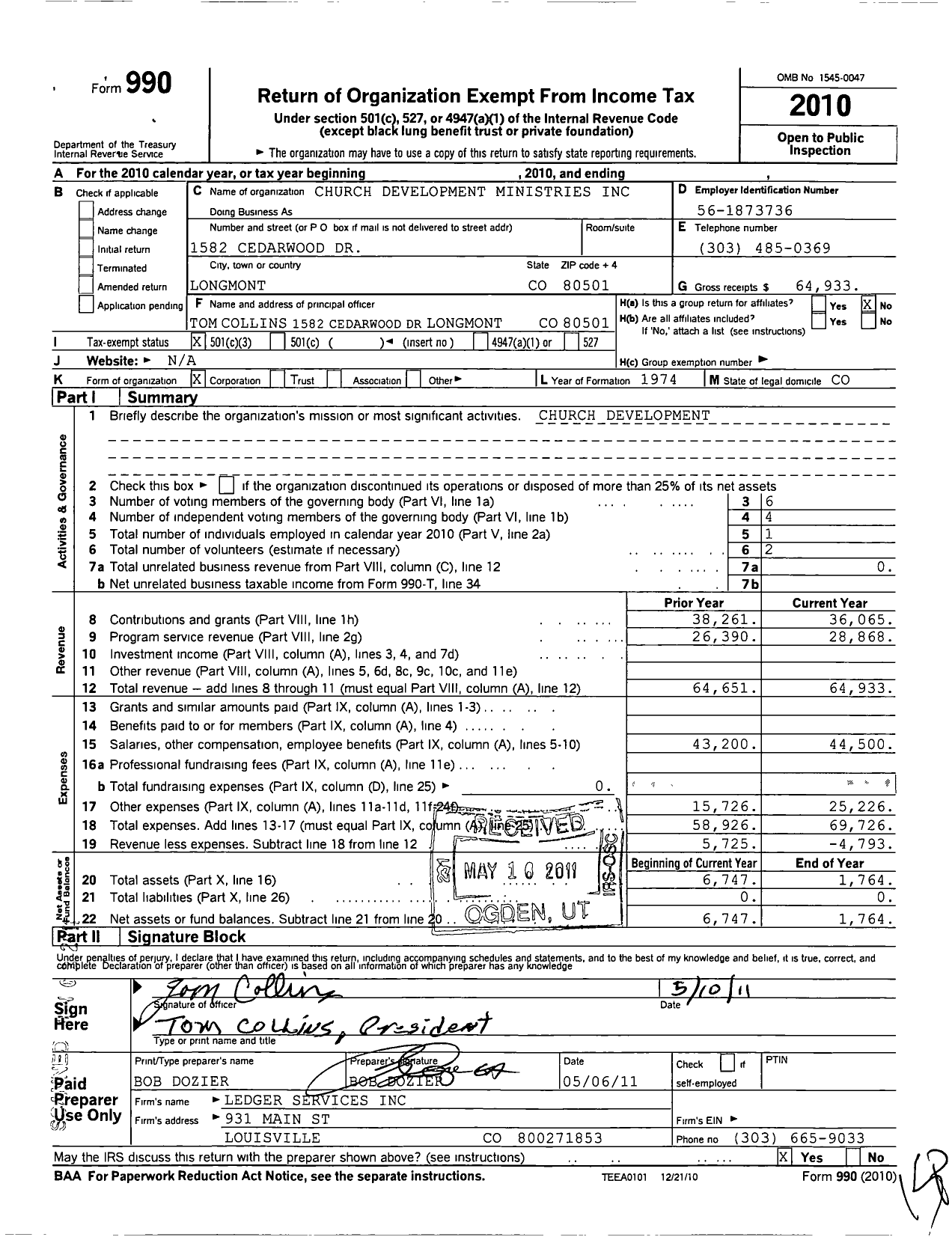 Image of first page of 2010 Form 990 for Church Development Ministries