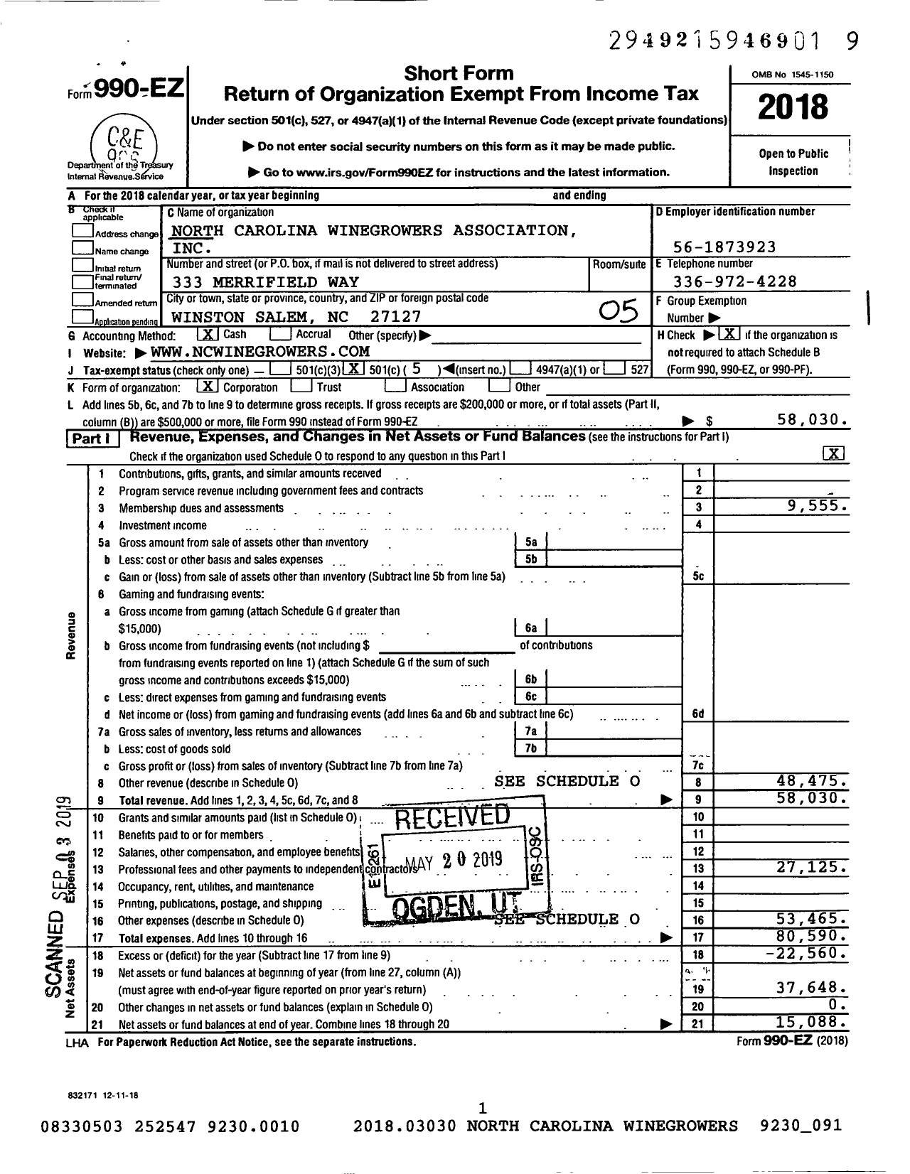 Image of first page of 2018 Form 990EO for NC Winegrowers Association