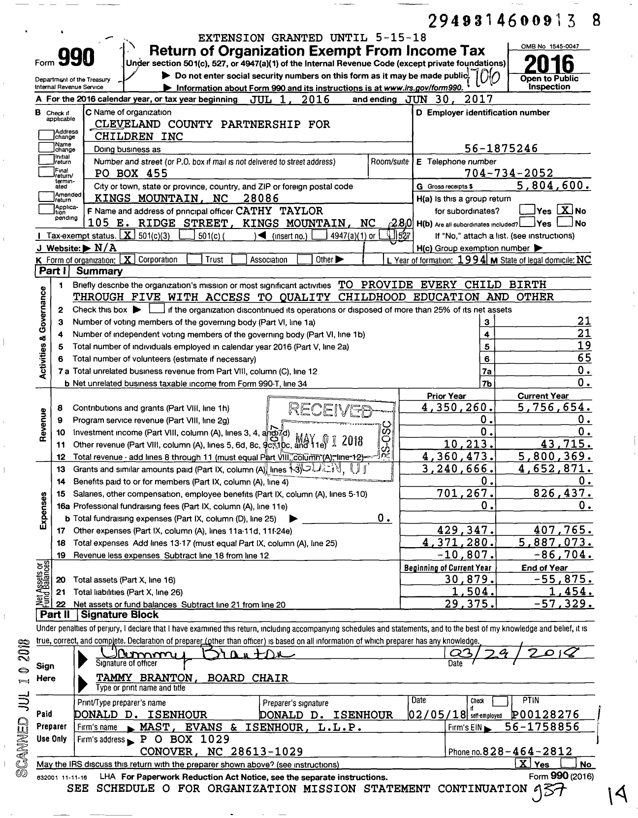 Image of first page of 2016 Form 990 for Cleveland County Partnership for Children