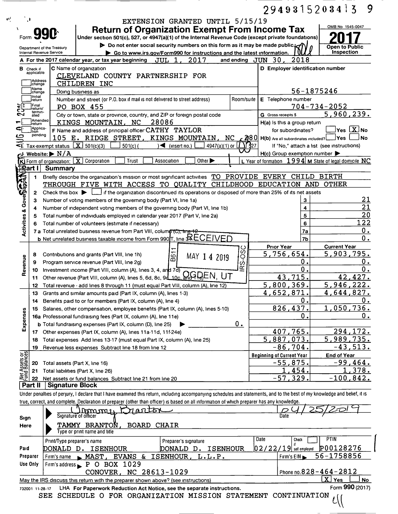 Image of first page of 2017 Form 990 for Cleveland County Partnership for Children