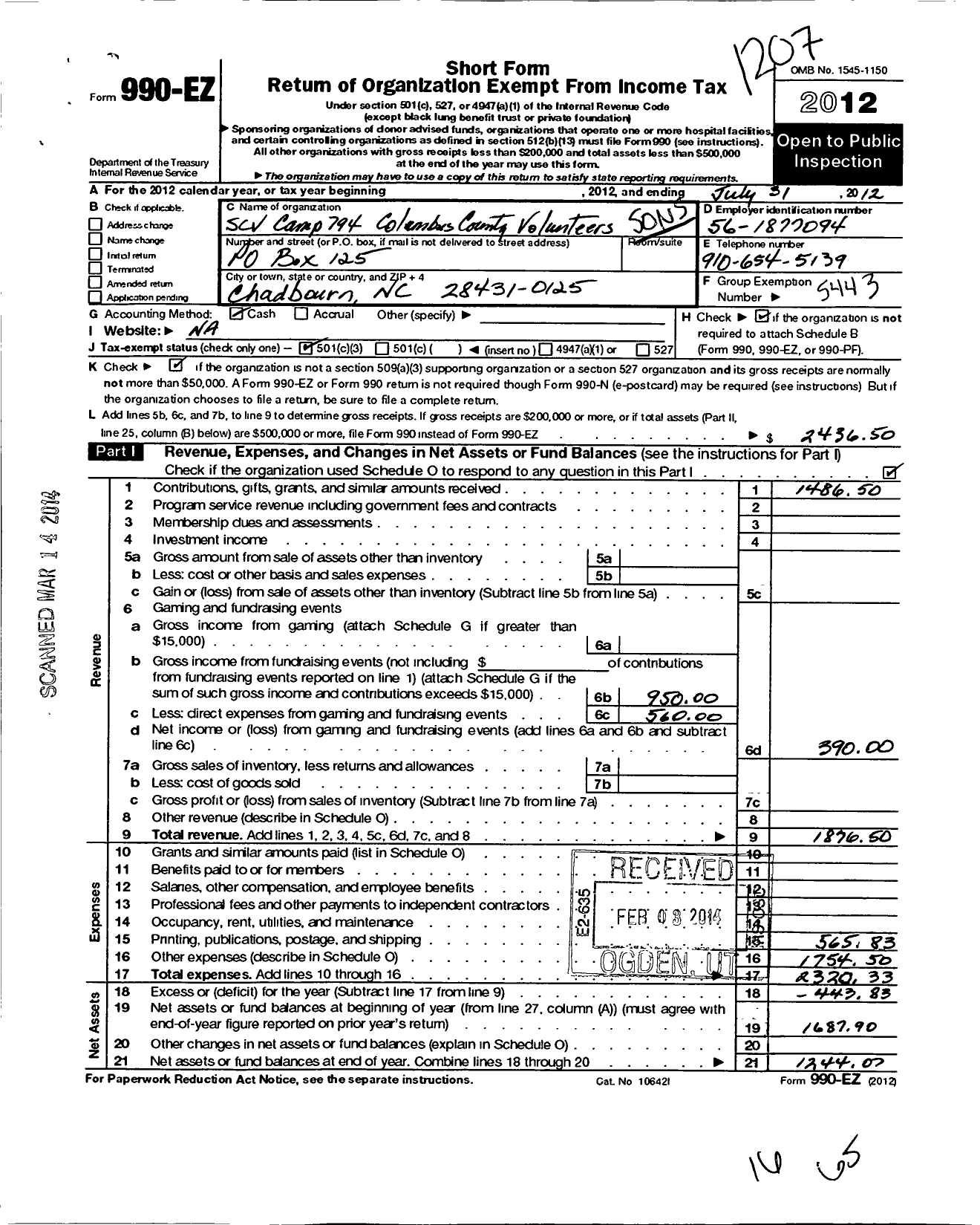 Image of first page of 2011 Form 990EZ for Sons of Confederate Veterans - 794 Columbus County Volunteers Camp