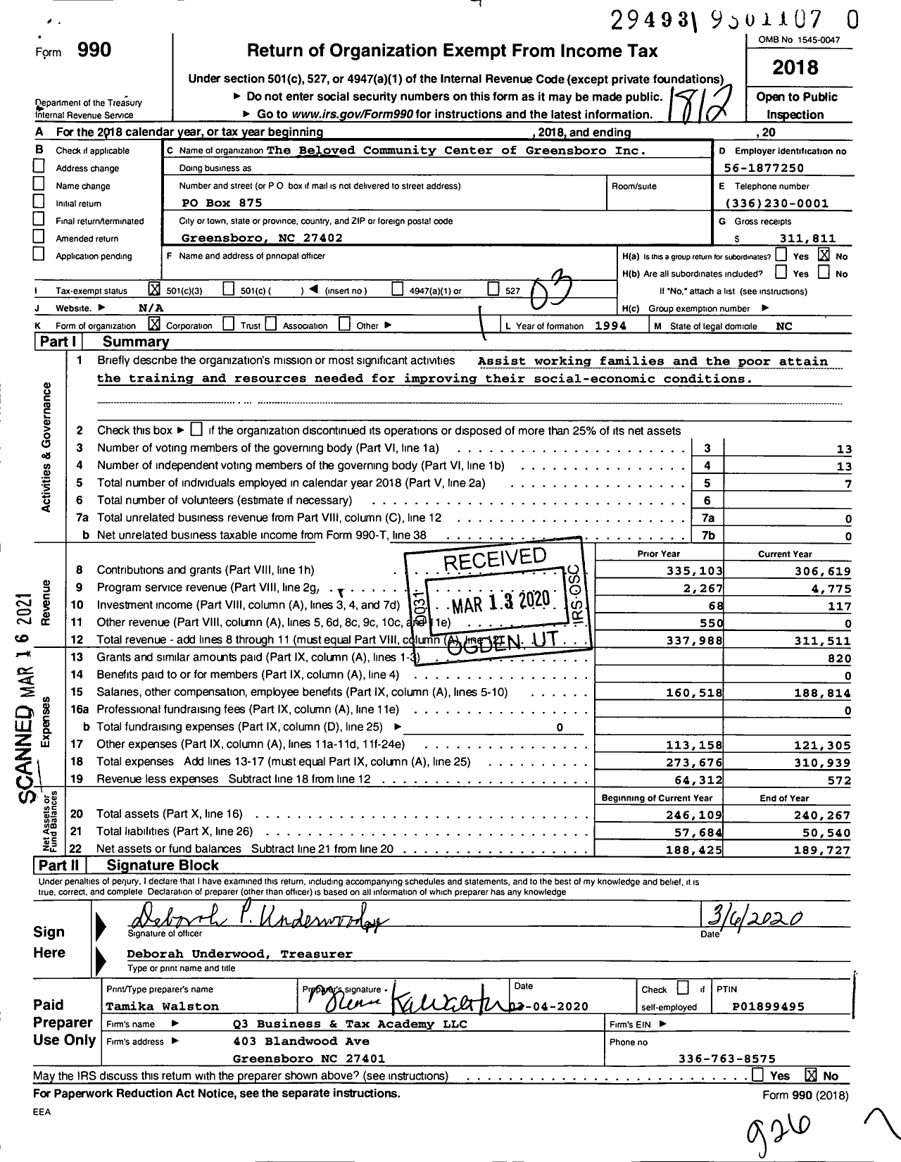 Image of first page of 2018 Form 990 for The Beloved Community Center of Greensboro