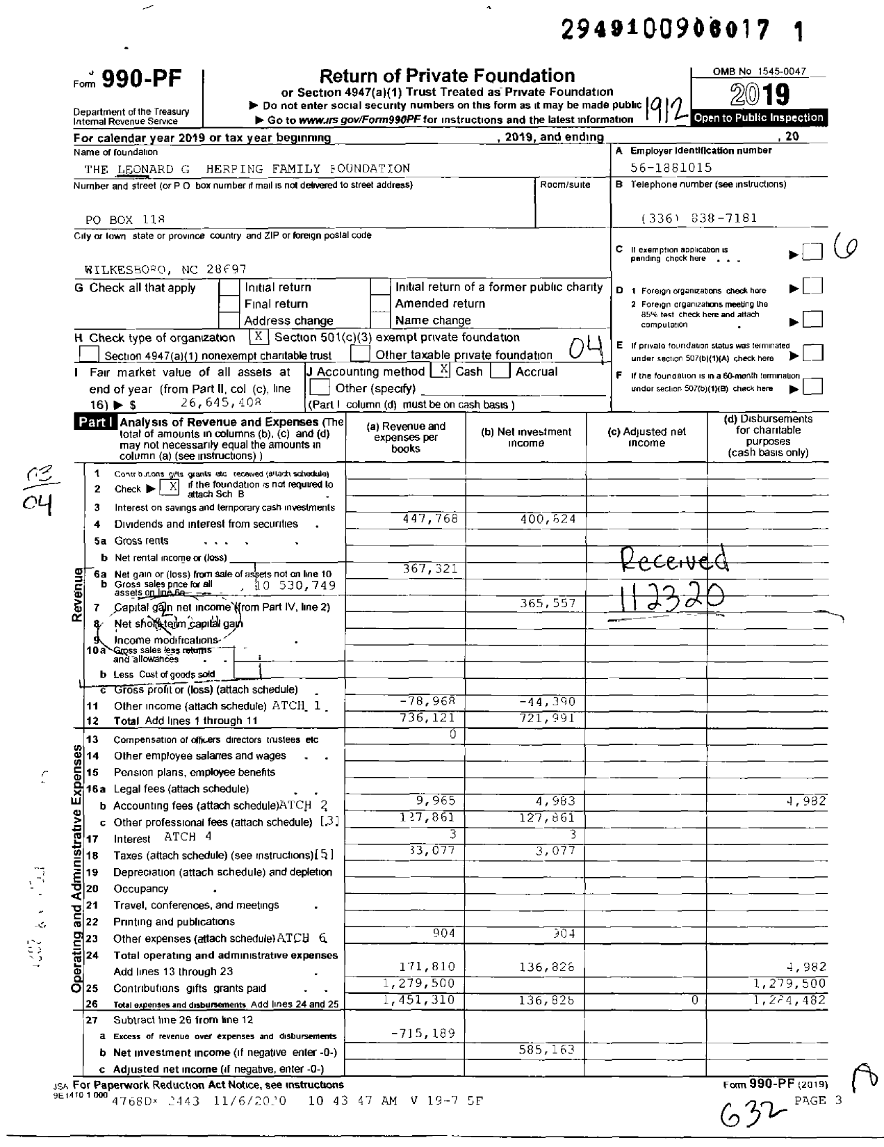 Image of first page of 2019 Form 990PF for The Leonard G Herring Family Foundation