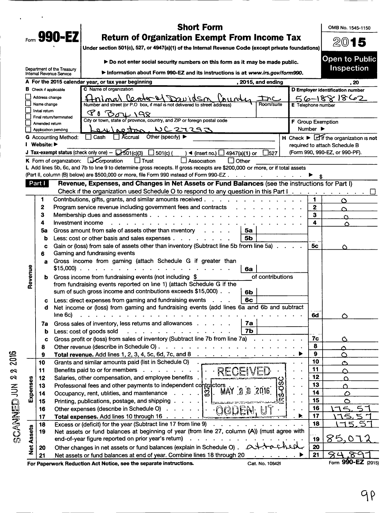 Image of first page of 2015 Form 990EZ for Animal Center of Davidson County