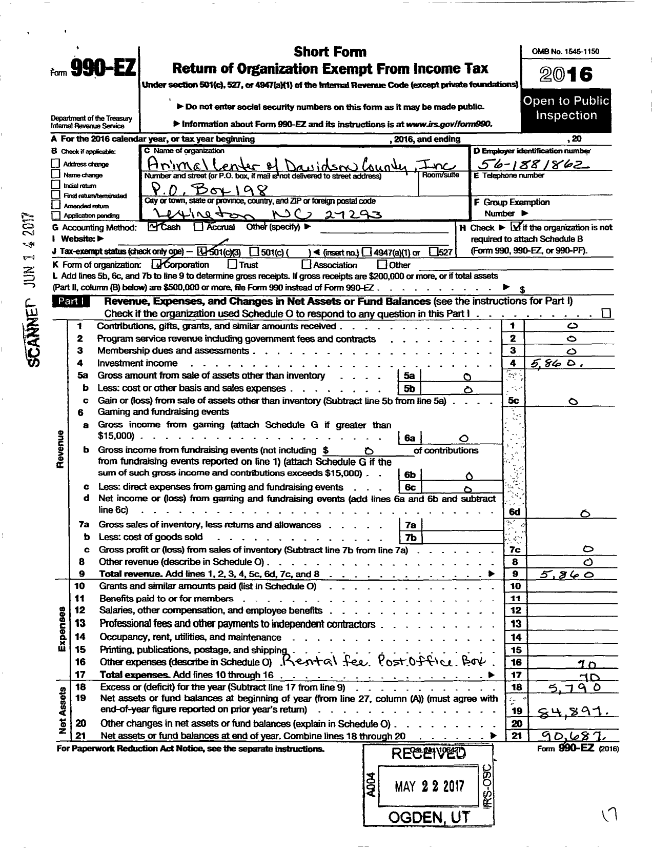 Image of first page of 2016 Form 990EZ for Animal Center of Davidson County