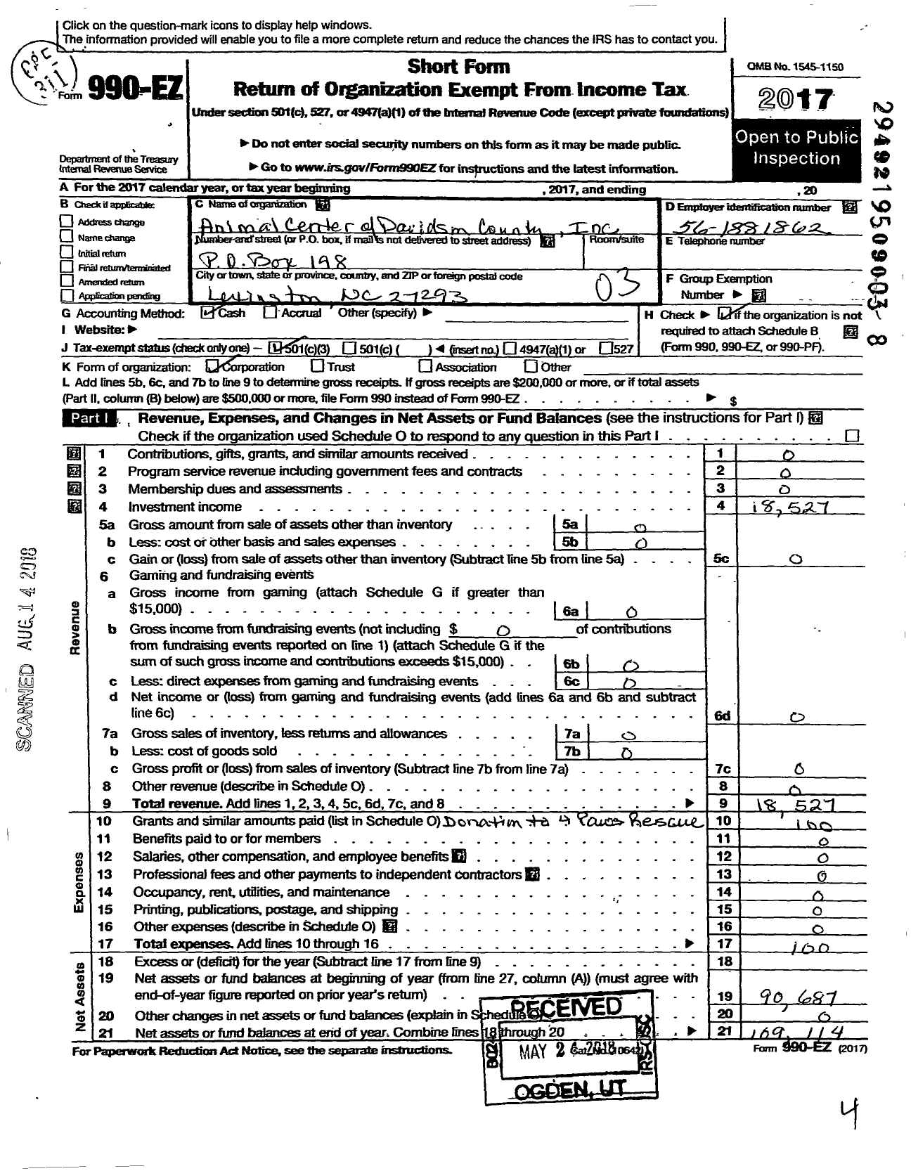 Image of first page of 2017 Form 990EZ for Animal Center of Davidson County