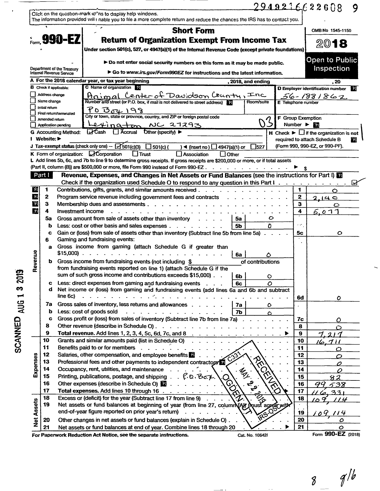 Image of first page of 2018 Form 990EZ for Animal Center of Davidson County