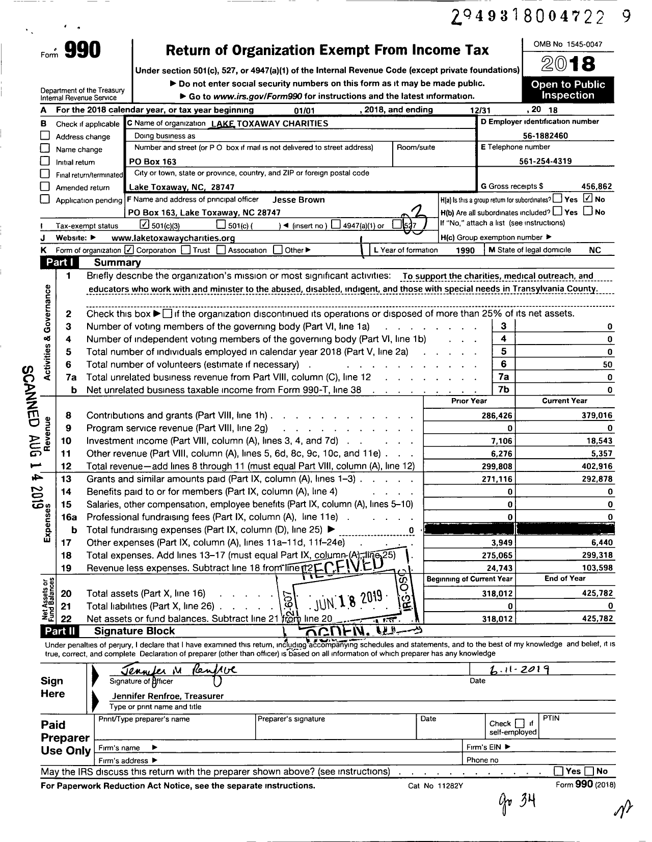 Image of first page of 2018 Form 990 for Lake Toxaway Charities