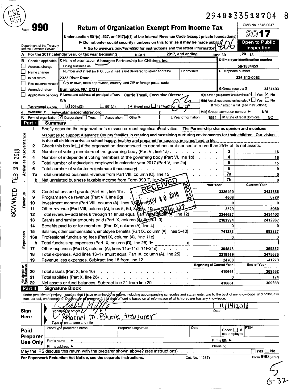 Image of first page of 2017 Form 990 for Alamance Partnership for Children