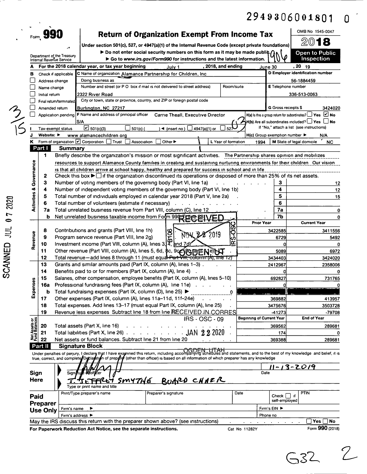 Image of first page of 2018 Form 990 for Alamance Partnership for Children