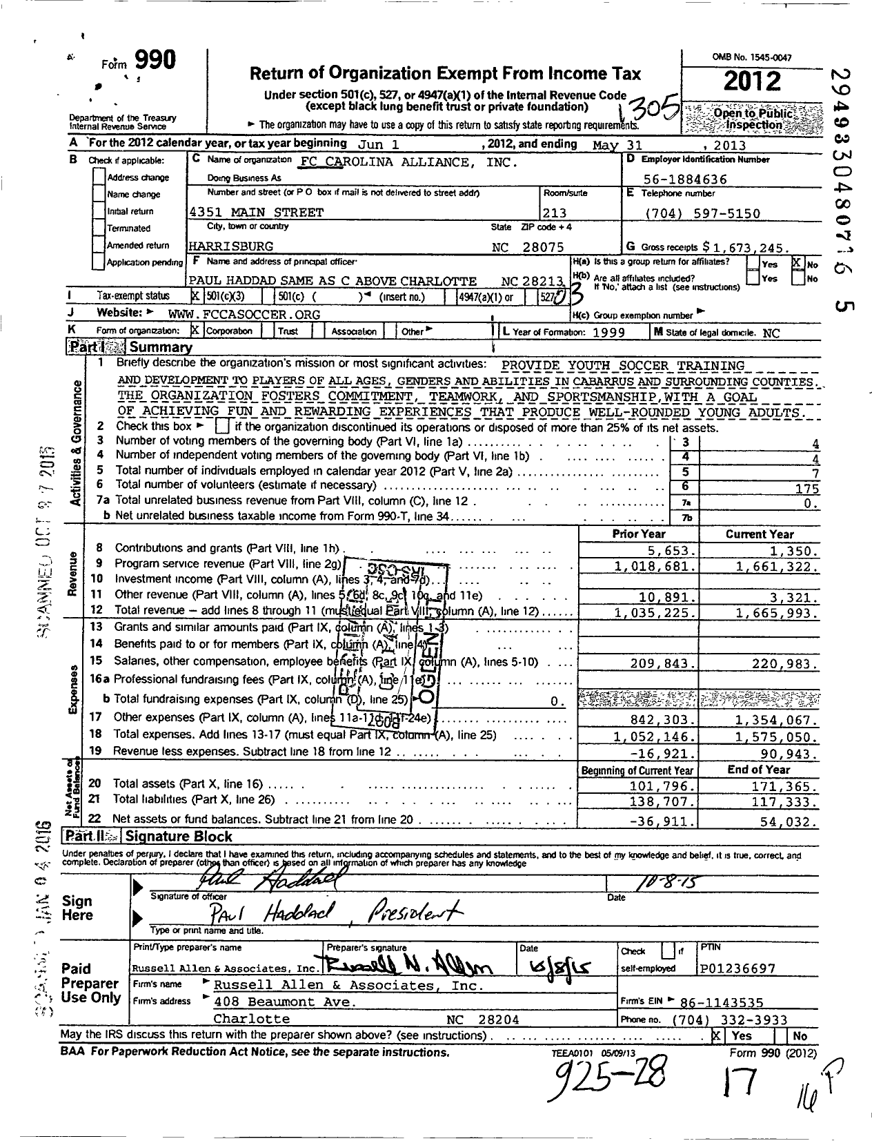 Image of first page of 2012 Form 990 for FC Carolina Alliance