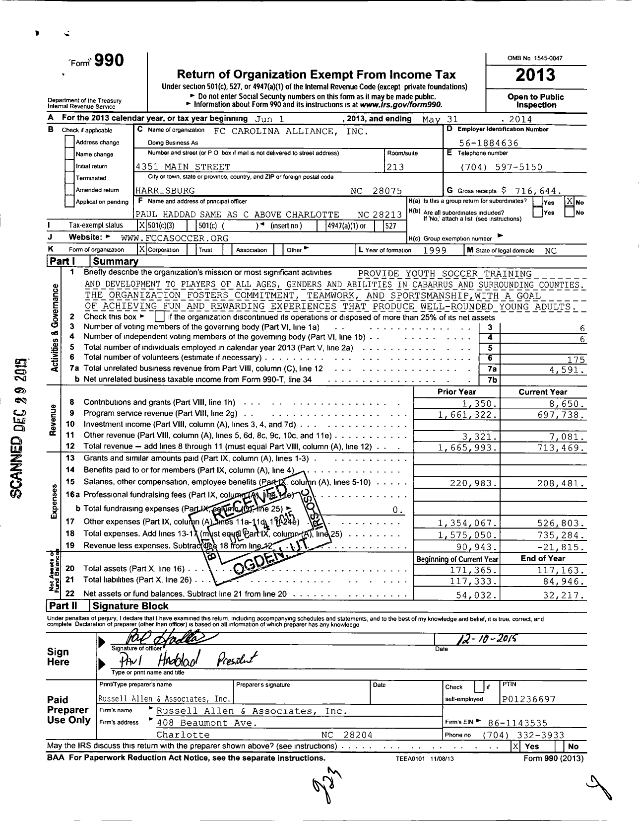 Image of first page of 2013 Form 990 for FC Carolina Alliance