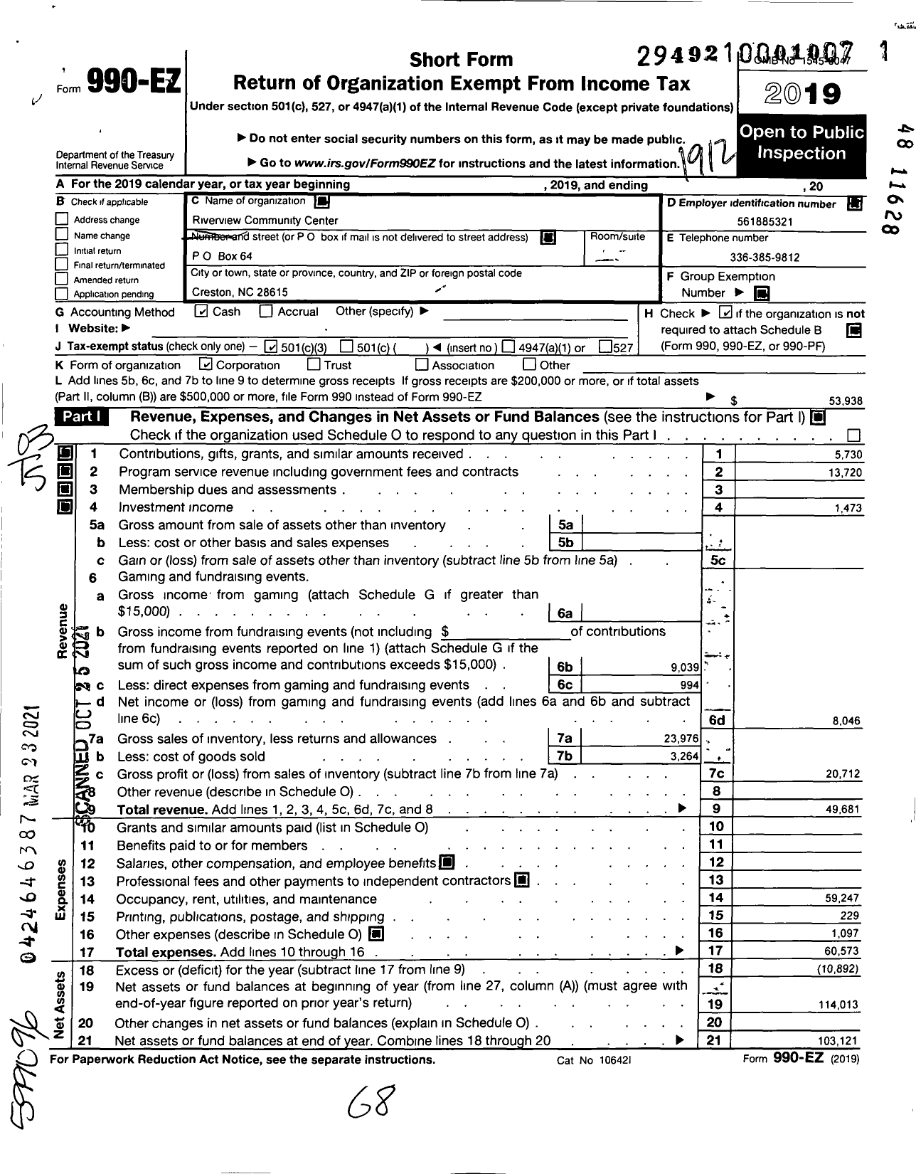 Image of first page of 2019 Form 990EZ for Riverview Community Center