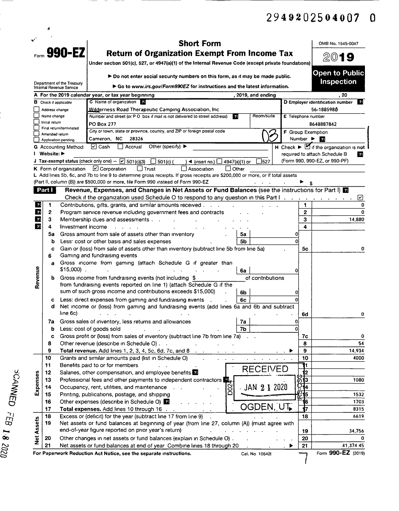 Image of first page of 2019 Form 990EZ for Wilderness Road Therapeutic Camping