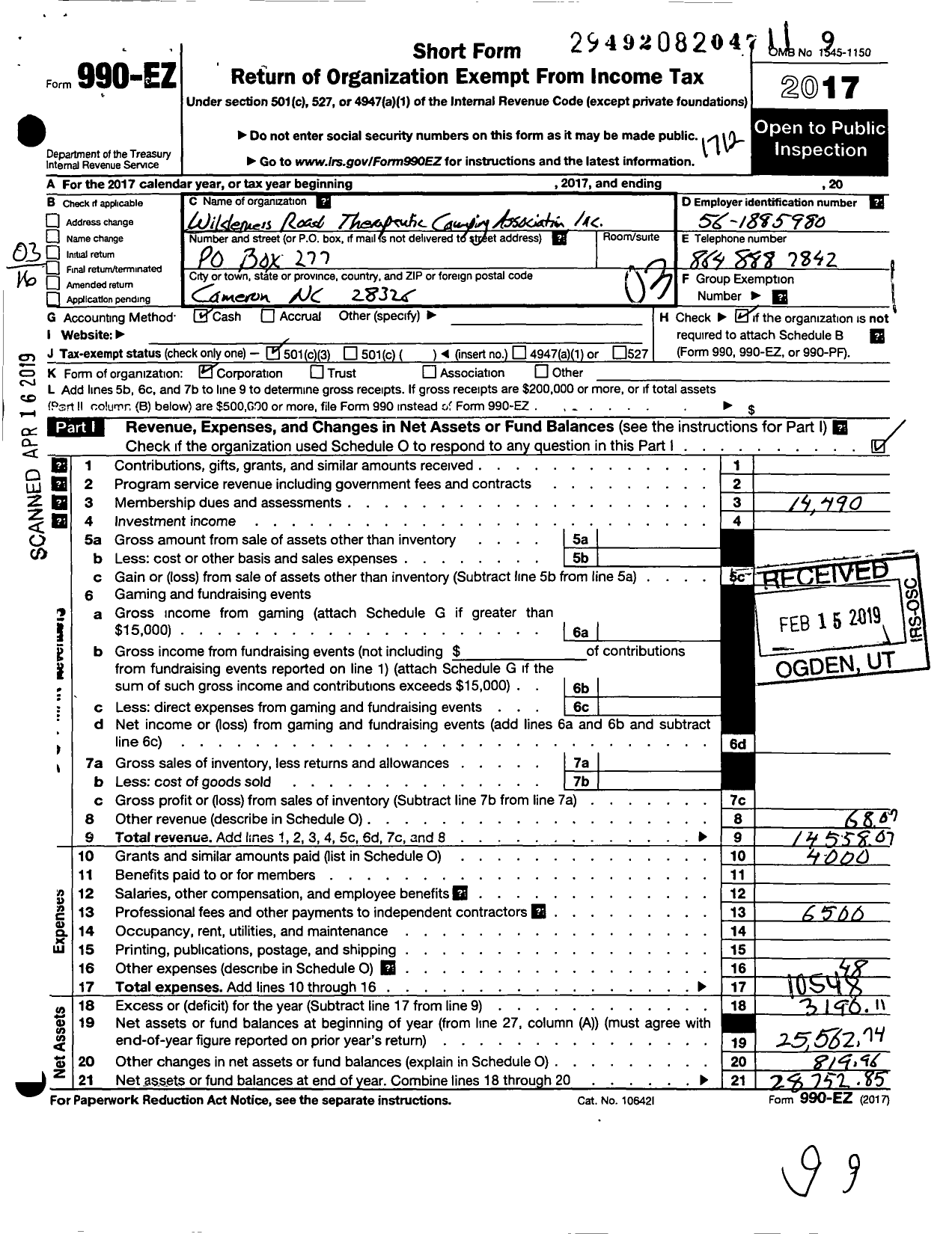 Image of first page of 2017 Form 990EZ for Wilderness Road Therapeutic Camping