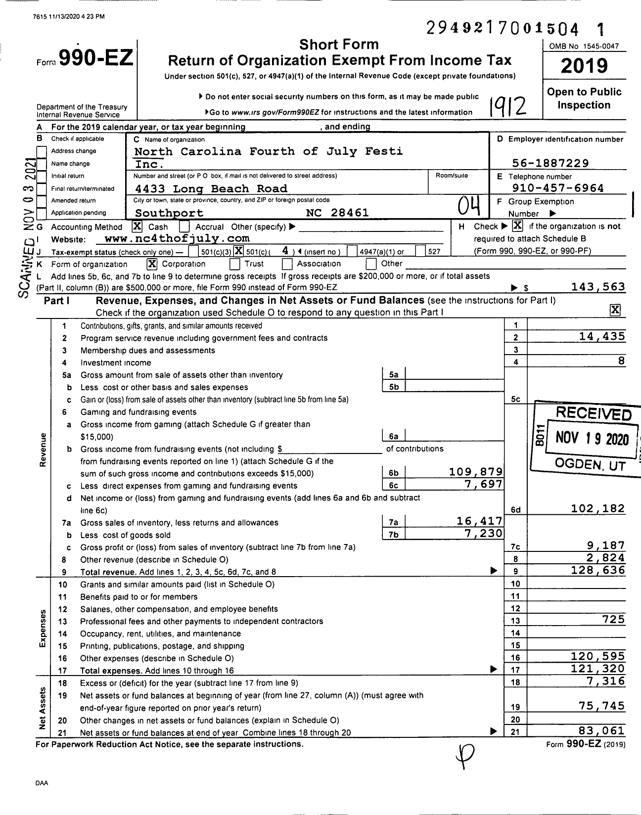 Image of first page of 2019 Form 990EO for North Carolina Fourth of July Festi