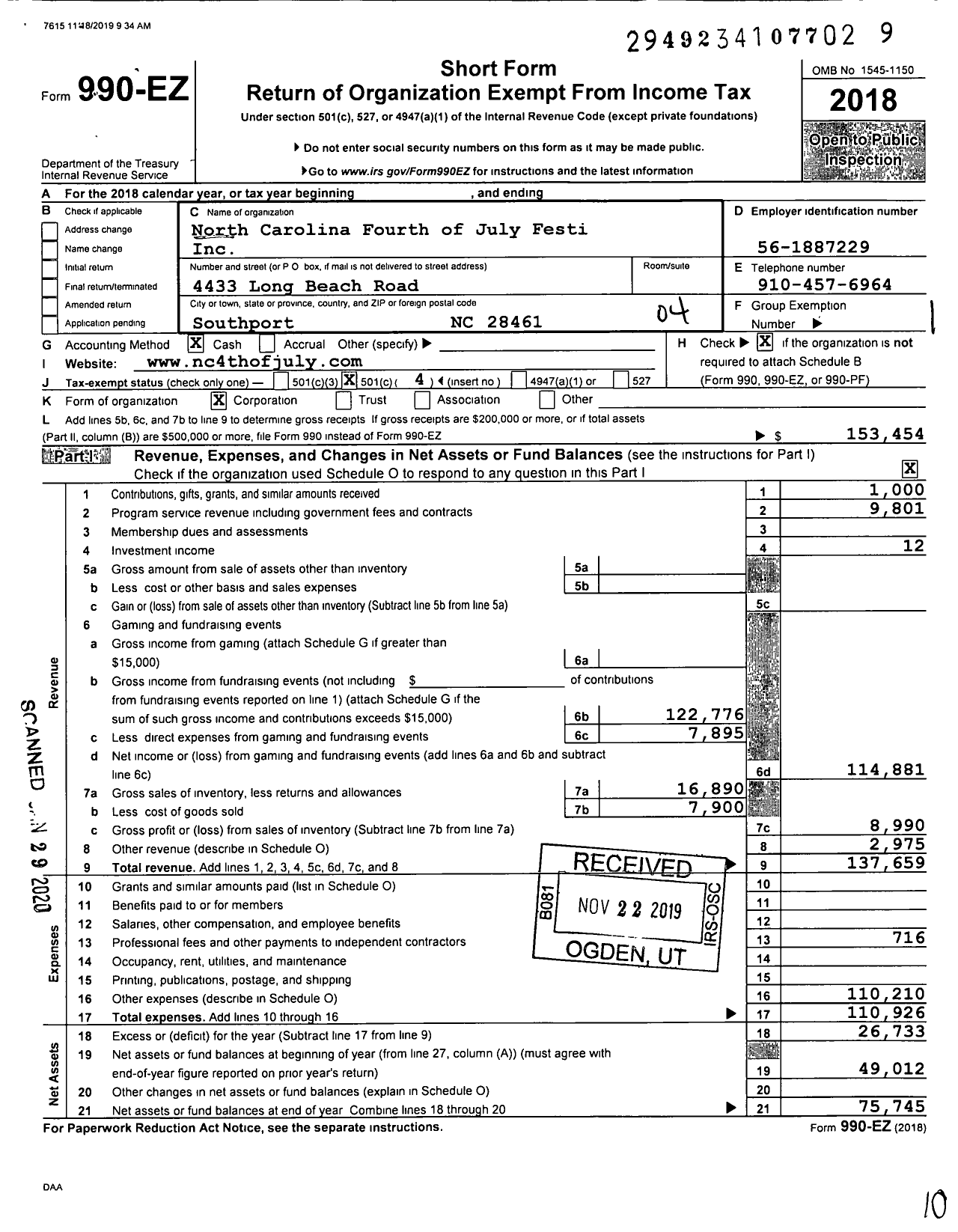 Image of first page of 2018 Form 990EO for North Carolina Fourth of July Festi