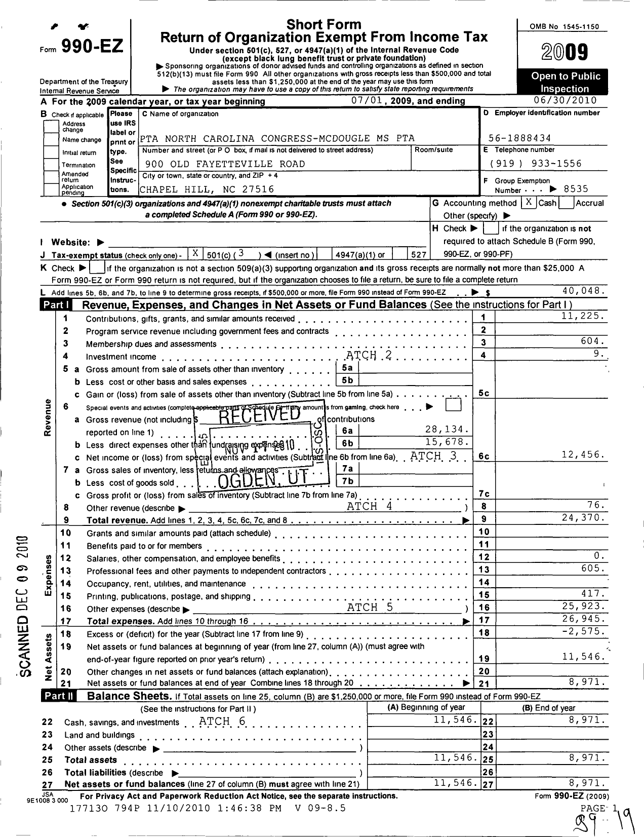 Image of first page of 2009 Form 990EZ for North Carolina PTA - Mcdougle Middle School PTA
