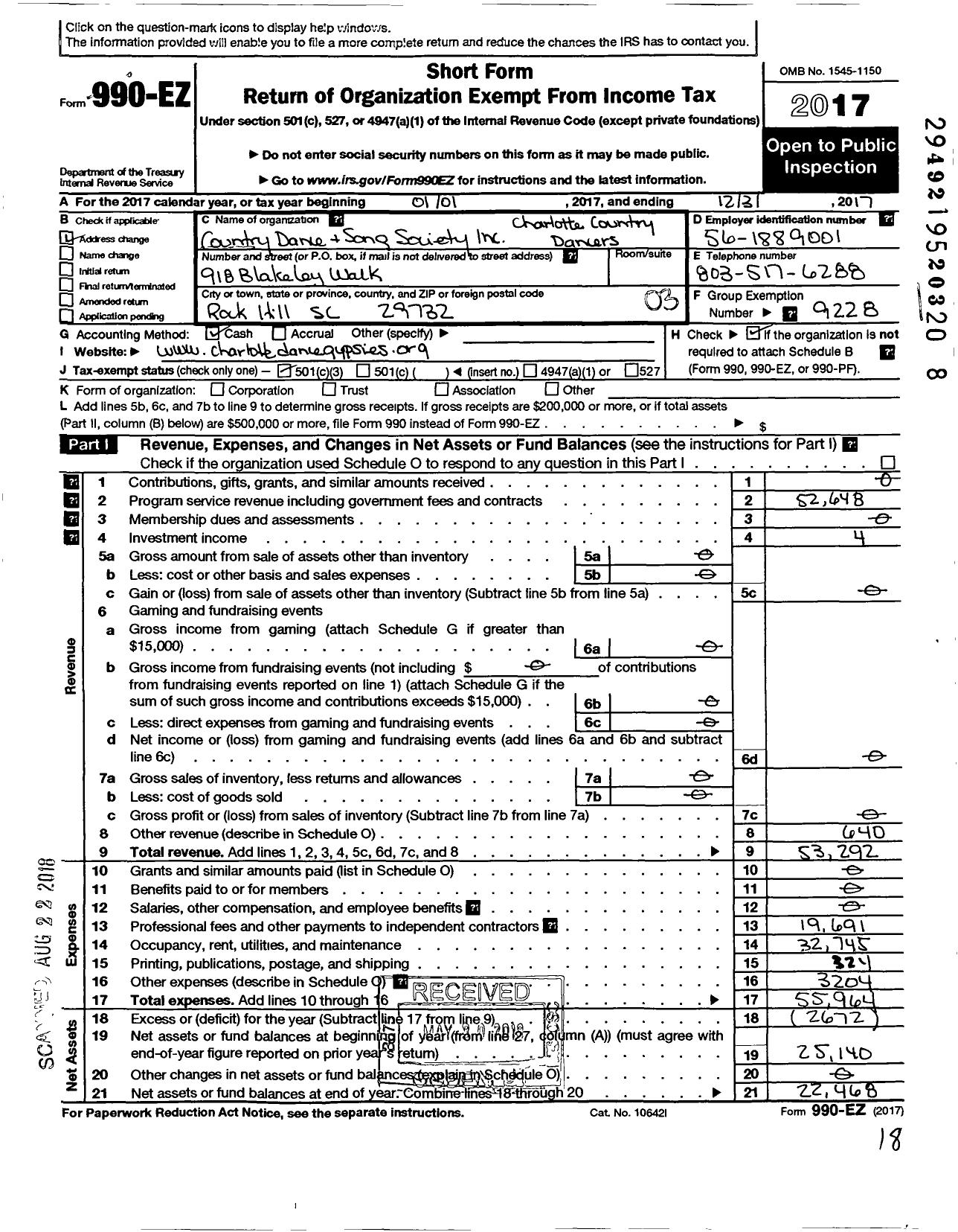 Image of first page of 2017 Form 990EZ for Country Dance and Song Society / Charlotte Country Dancers