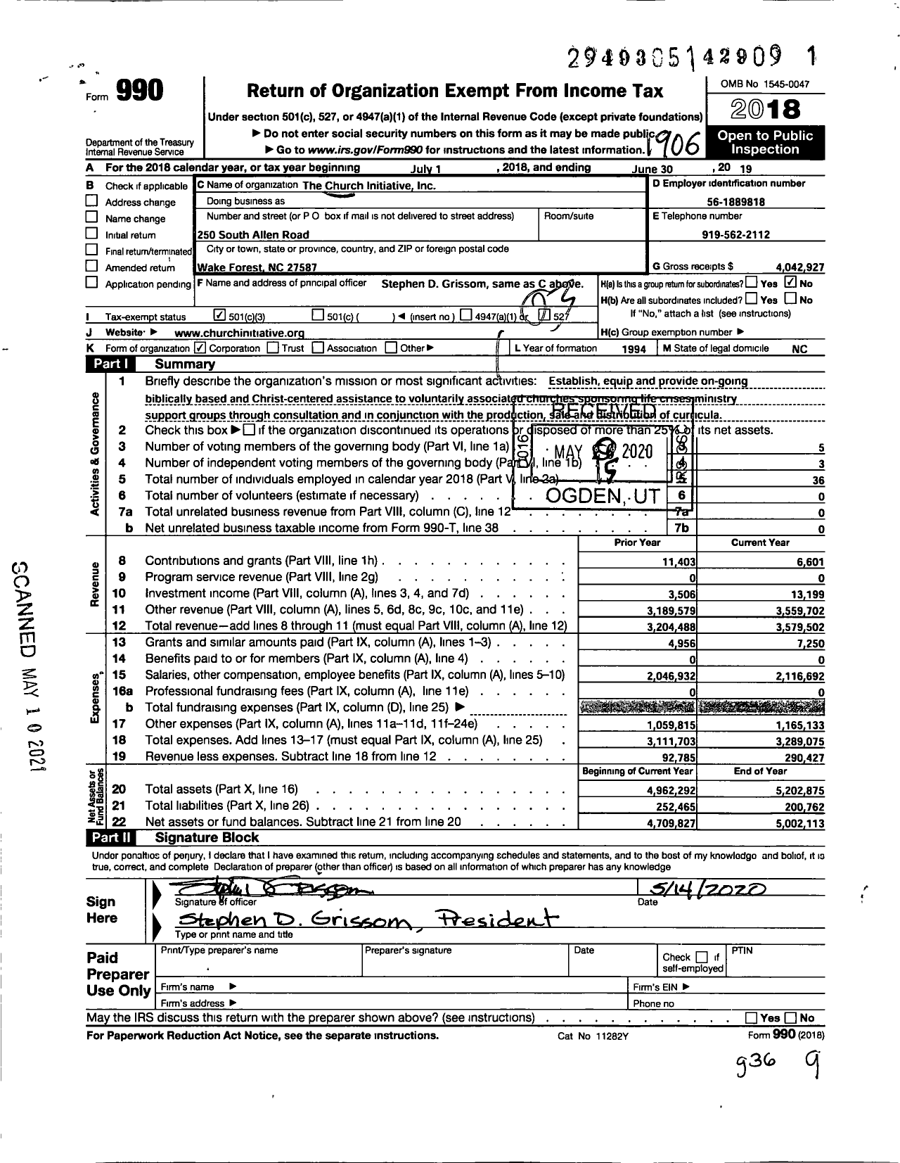 Image of first page of 2018 Form 990 for The Church Initiative