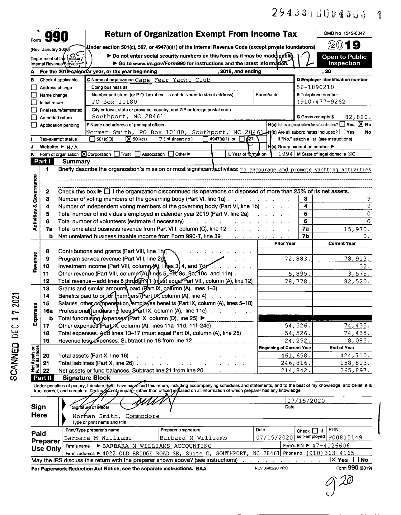 Image of first page of 2019 Form 990O for Cape Fear Yacht Club