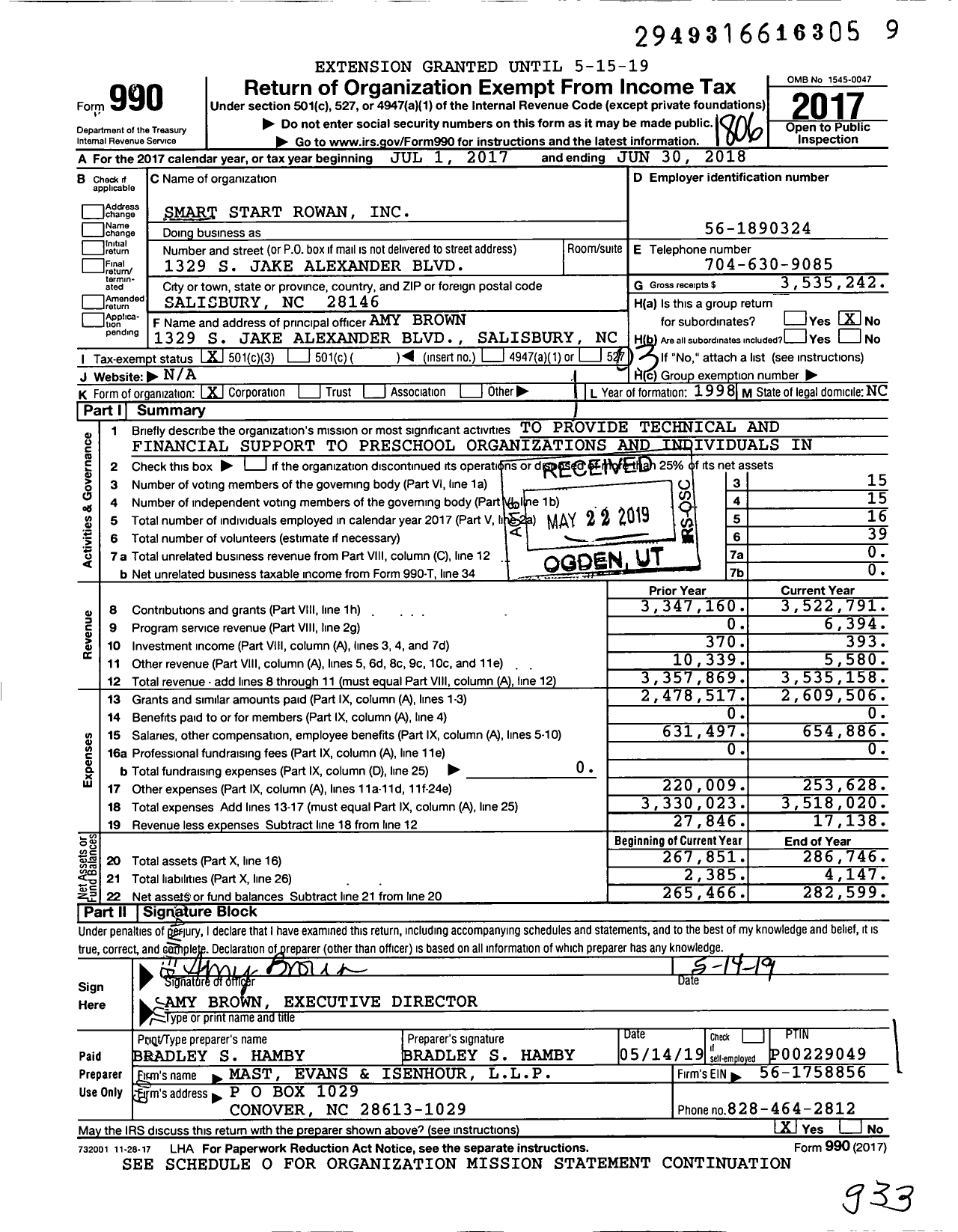 Image of first page of 2017 Form 990 for Smart Start Rowan