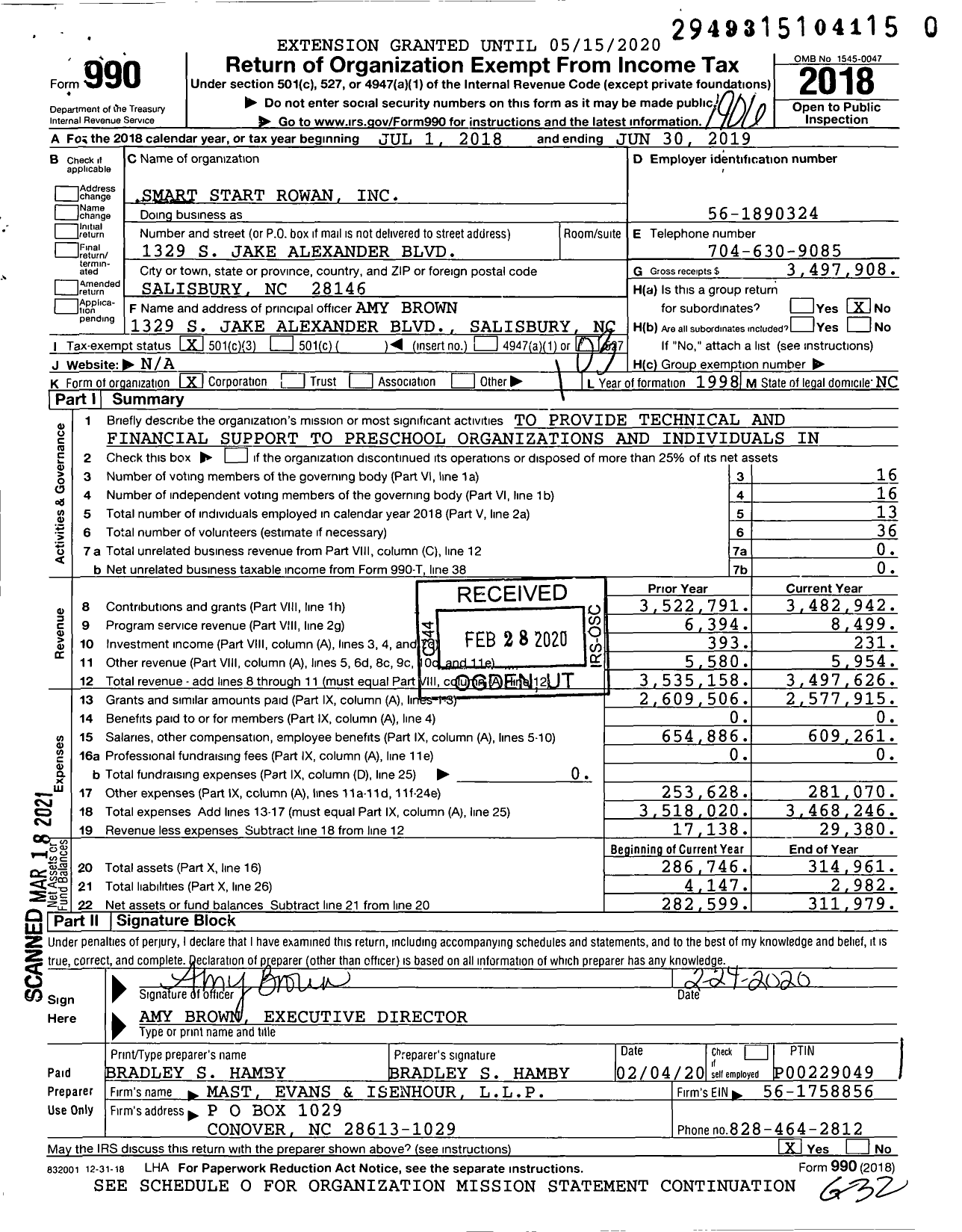 Image of first page of 2018 Form 990 for Smart Start Rowan