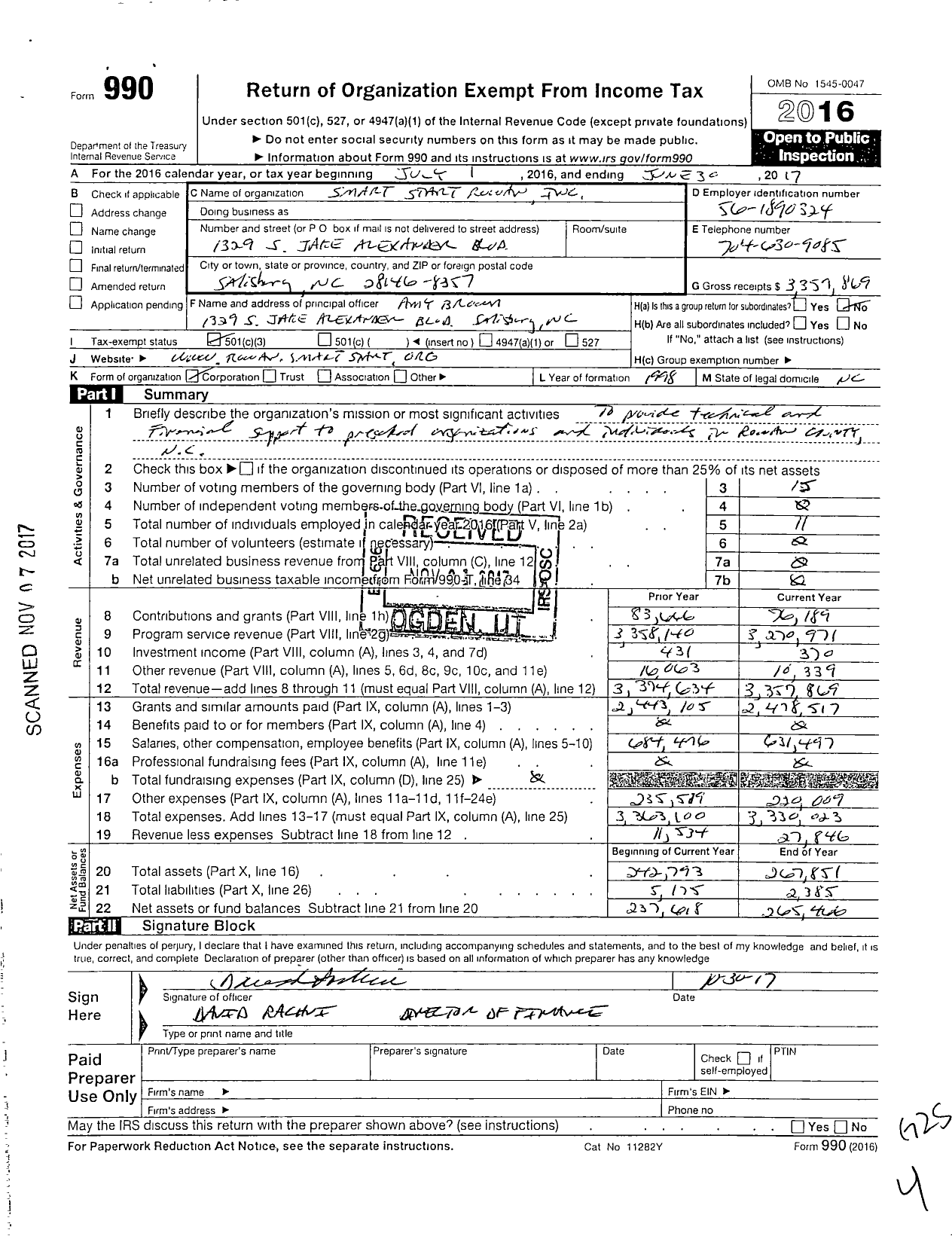 Image of first page of 2016 Form 990 for Smart Start Rowan