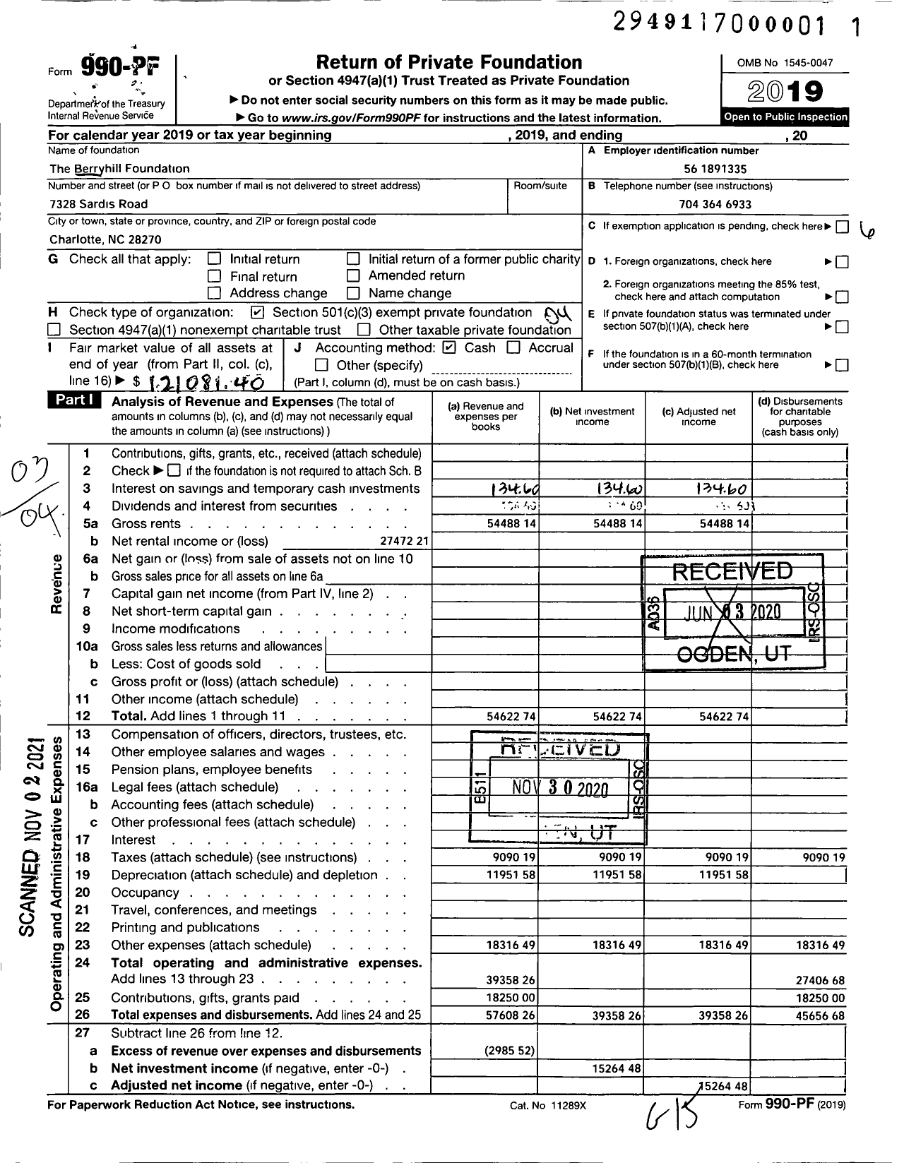 Image of first page of 2019 Form 990PF for The Berryhill Foundation