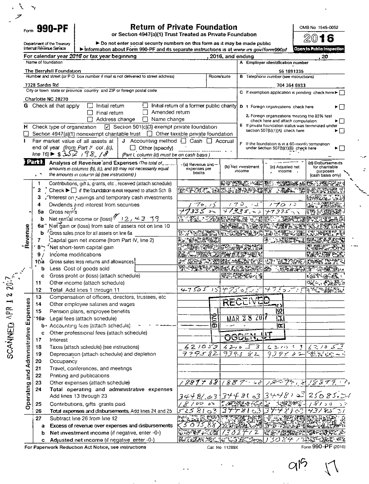 Image of first page of 2016 Form 990PF for The Berryhill Foundation