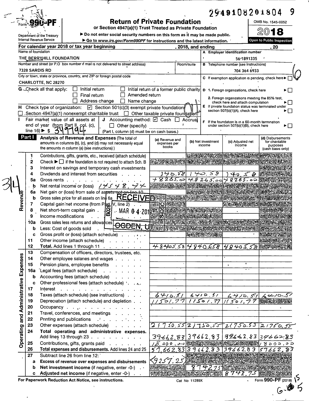 Image of first page of 2018 Form 990PF for The Berryhill Foundation