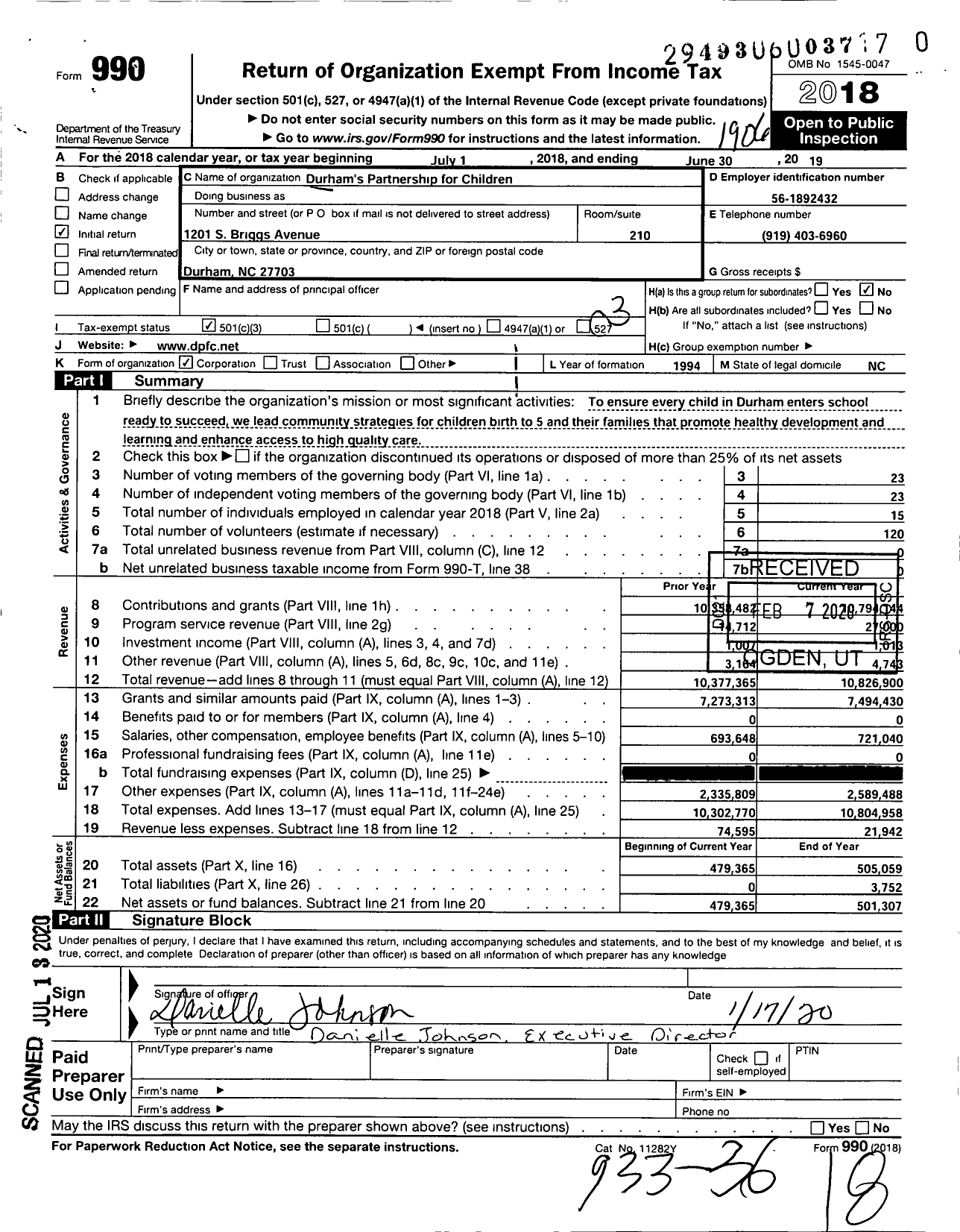 Image of first page of 2018 Form 990 for Durham's Partnership for Children