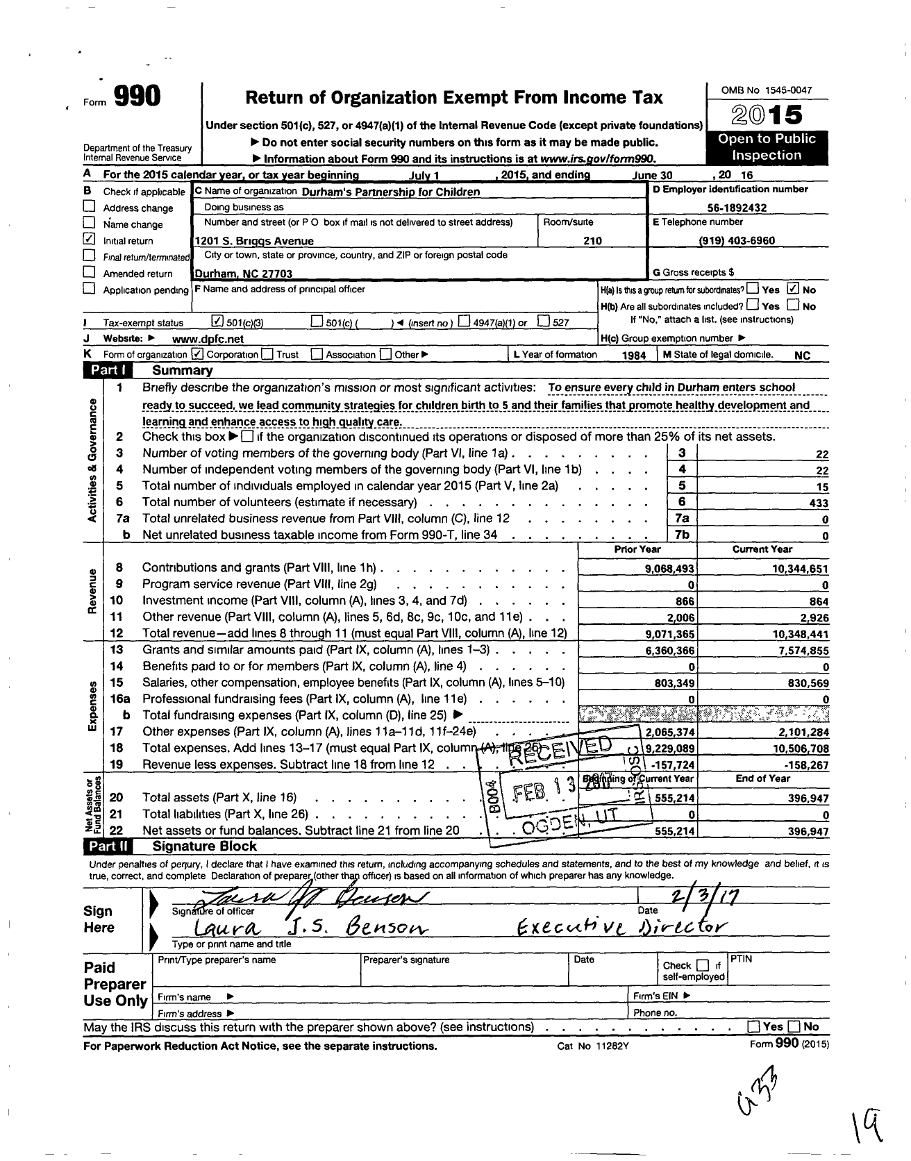 Image of first page of 2015 Form 990 for Durham's Partnership for Children
