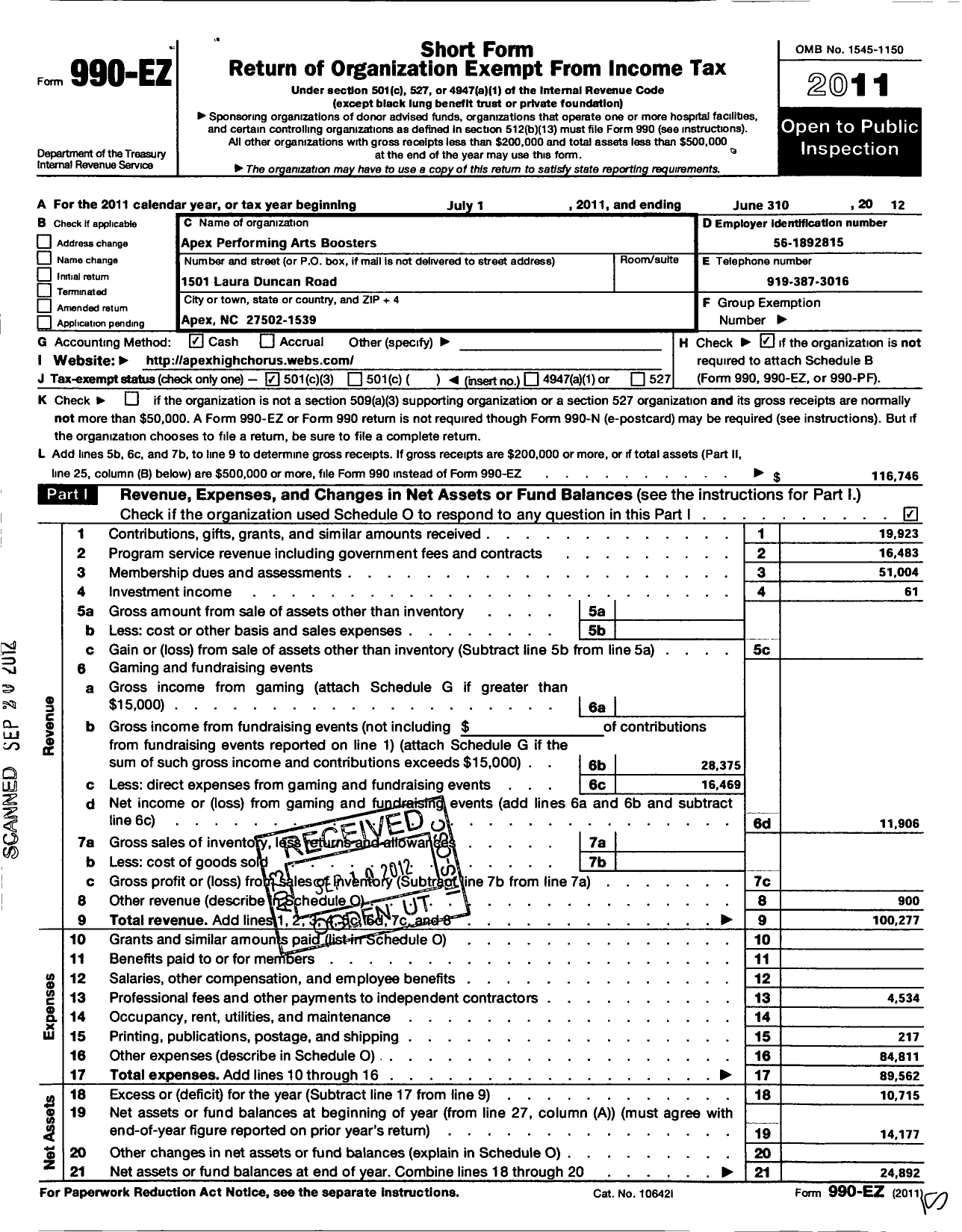 Image of first page of 2011 Form 990EZ for Apex Performing Arts Boosters-Apab
