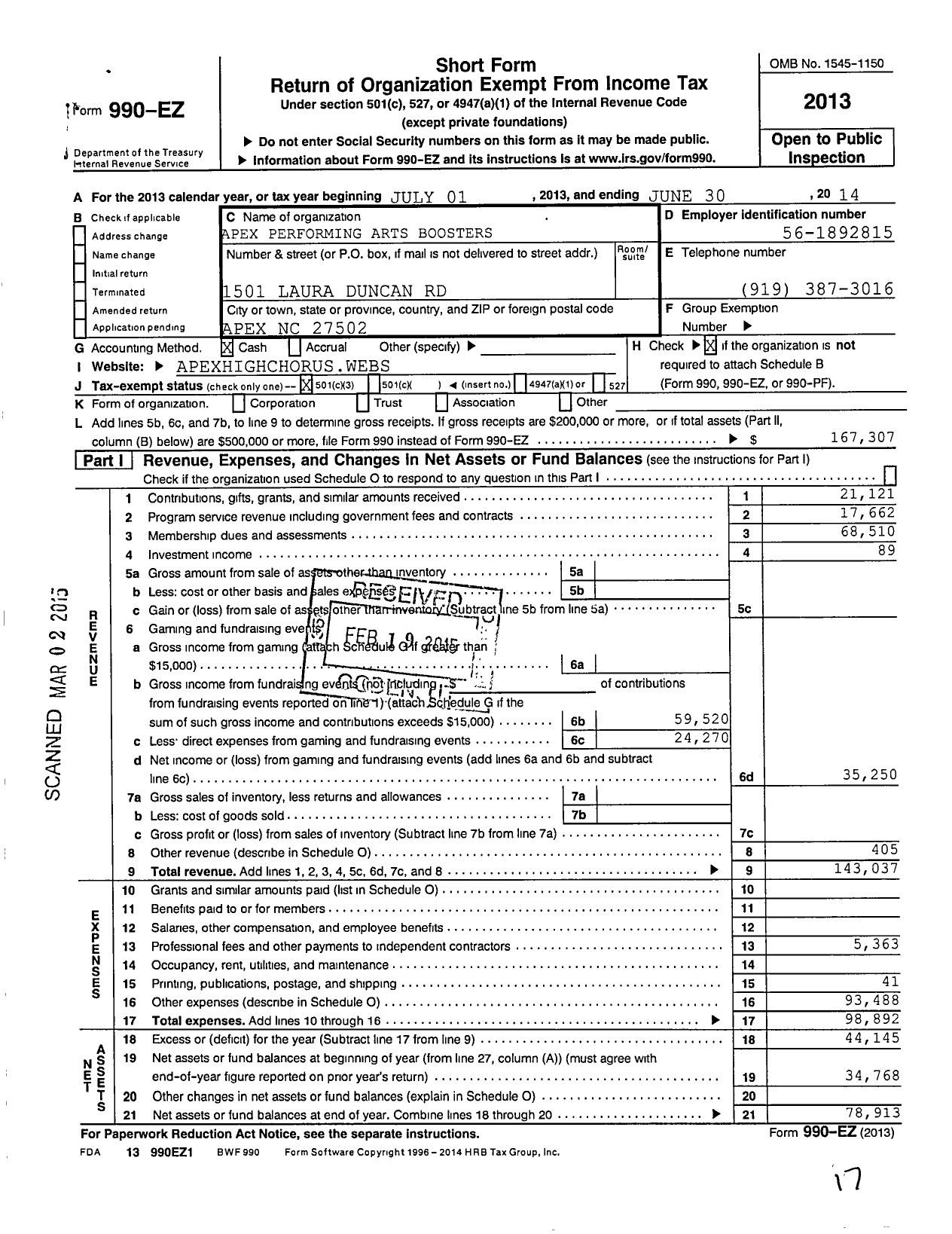 Image of first page of 2013 Form 990EZ for Apex Performing Arts Boosters-Apab