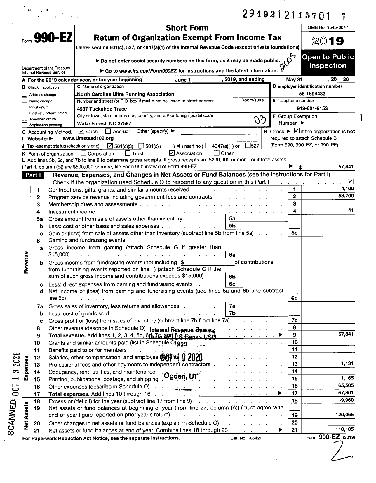 Image of first page of 2019 Form 990EZ for North Carolina Ultra Running Association