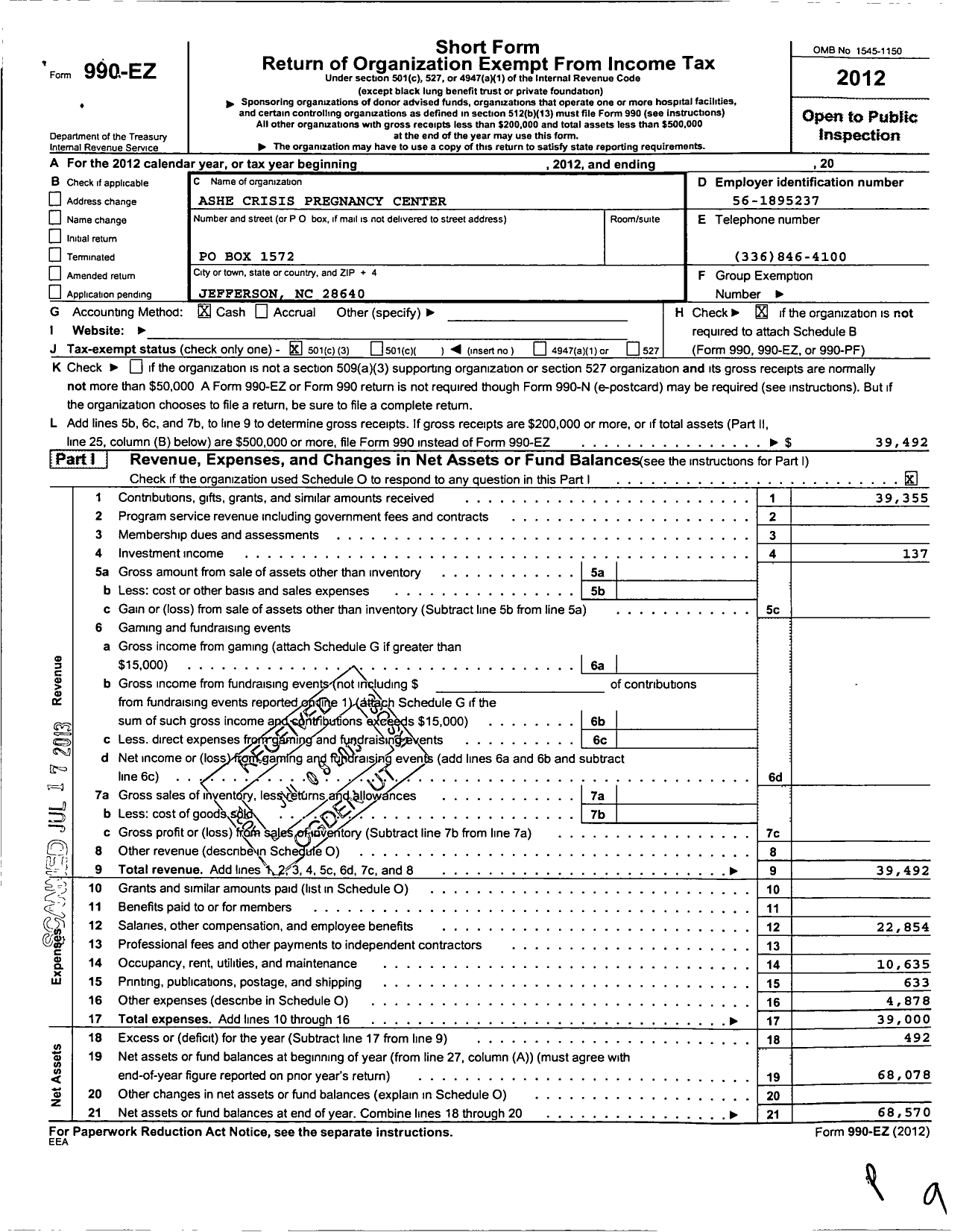 Image of first page of 2012 Form 990EZ for Ashe Crisis Pregnancy Center