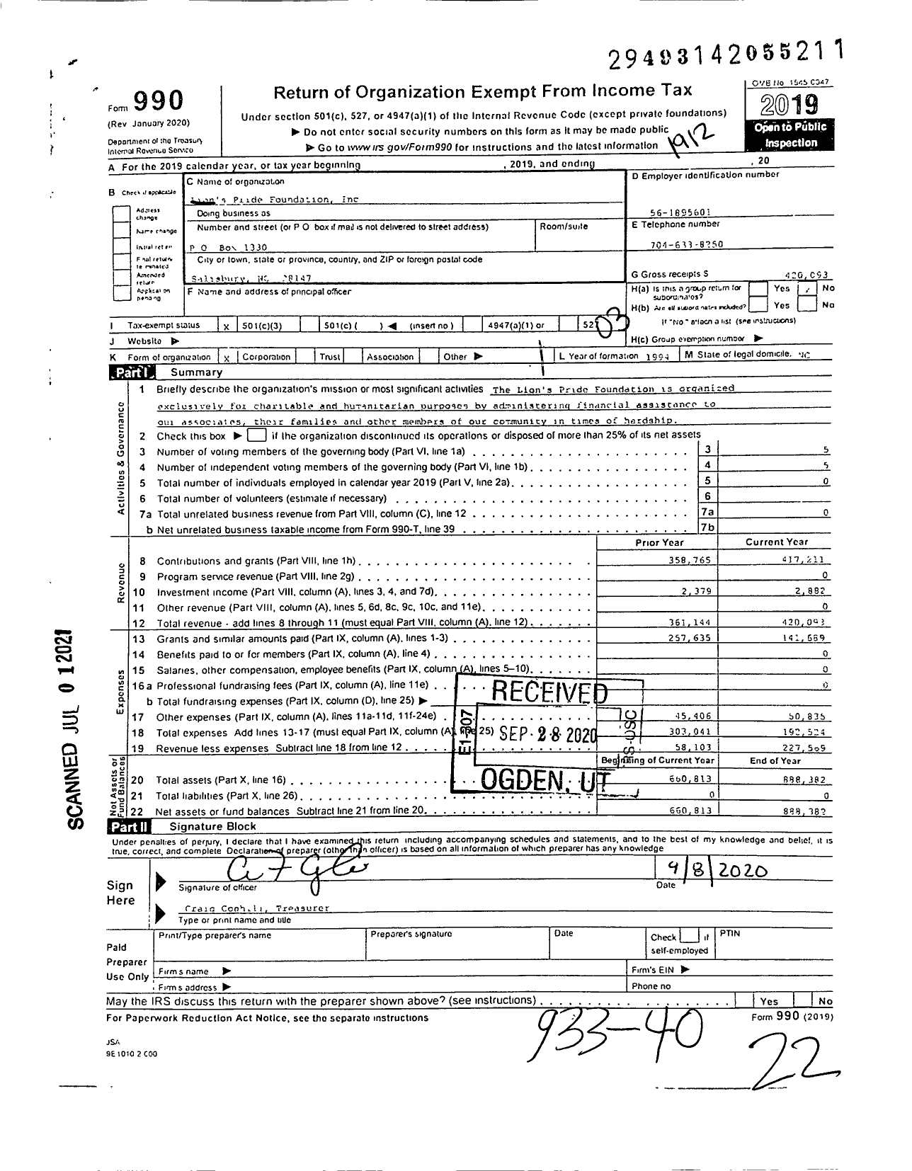 Image of first page of 2019 Form 990 for Lion's Pride Foundation