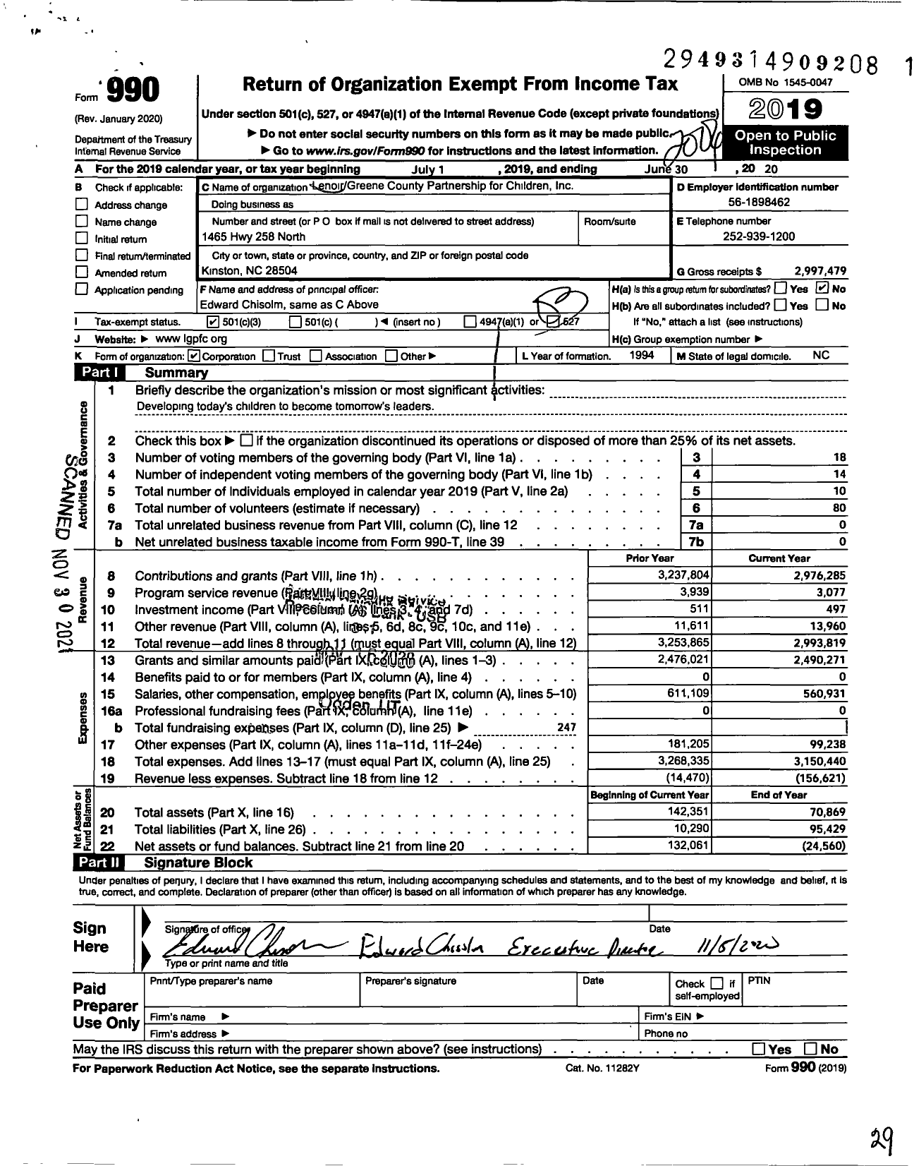 Image of first page of 2019 Form 990 for Lenoir-Greene County Partnership for Children