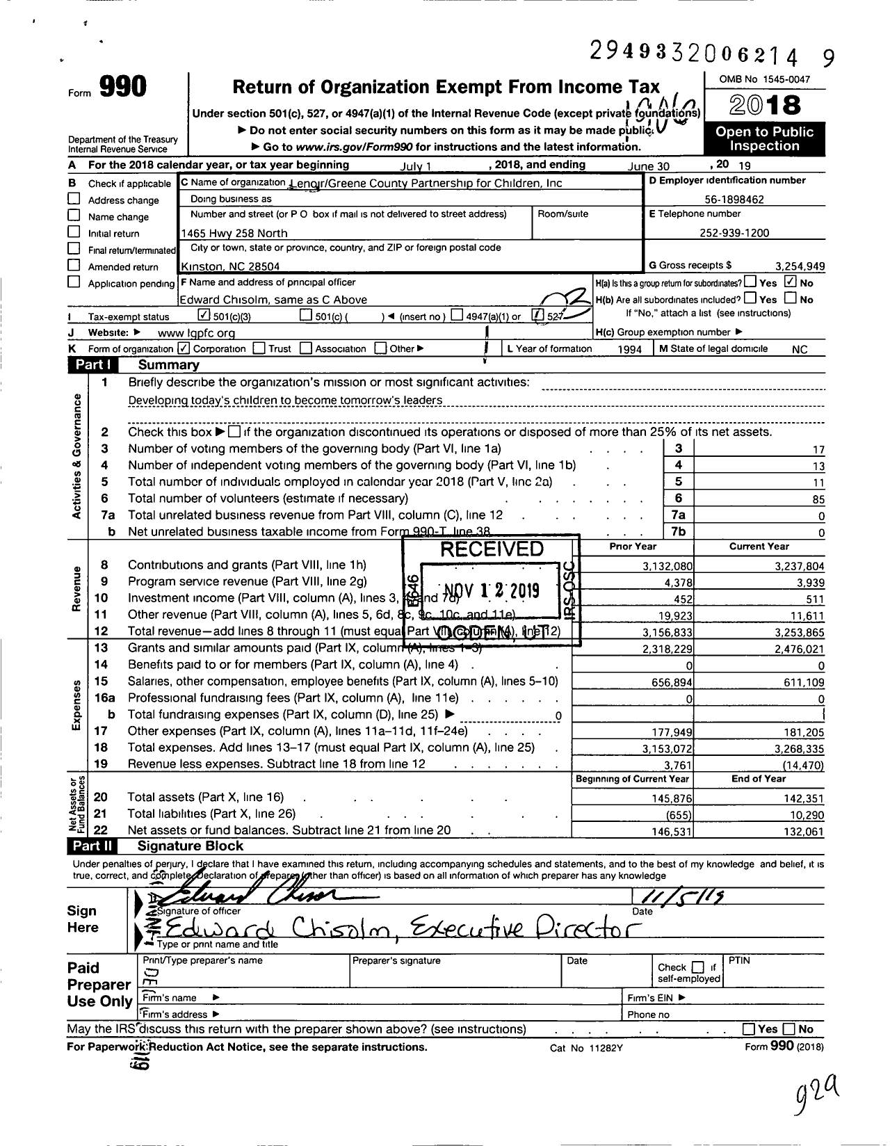 Image of first page of 2018 Form 990 for Lenoir-Greene County Partnership for Children